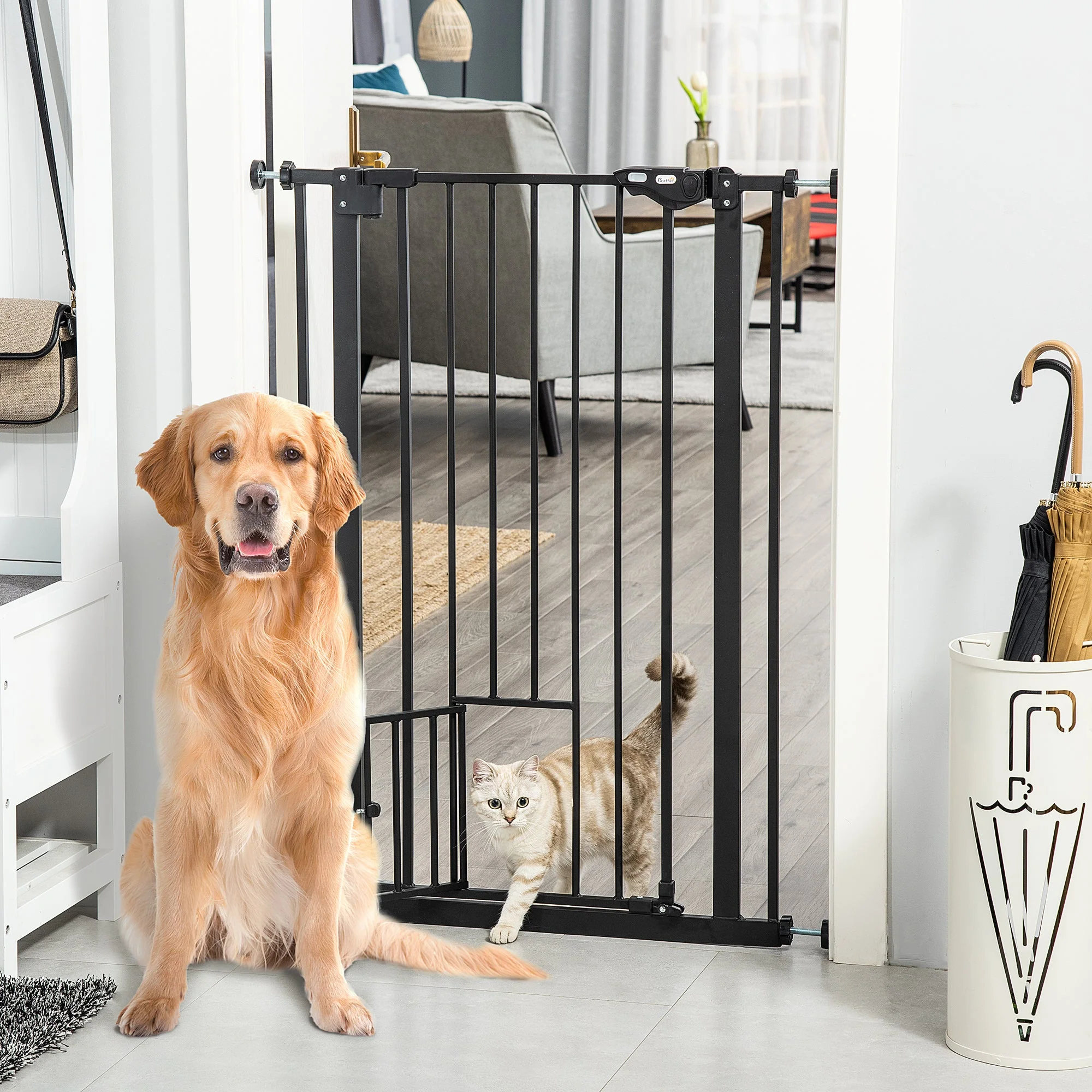 PawHut Extra Tall Dog Gate with Cat Door - Image 3