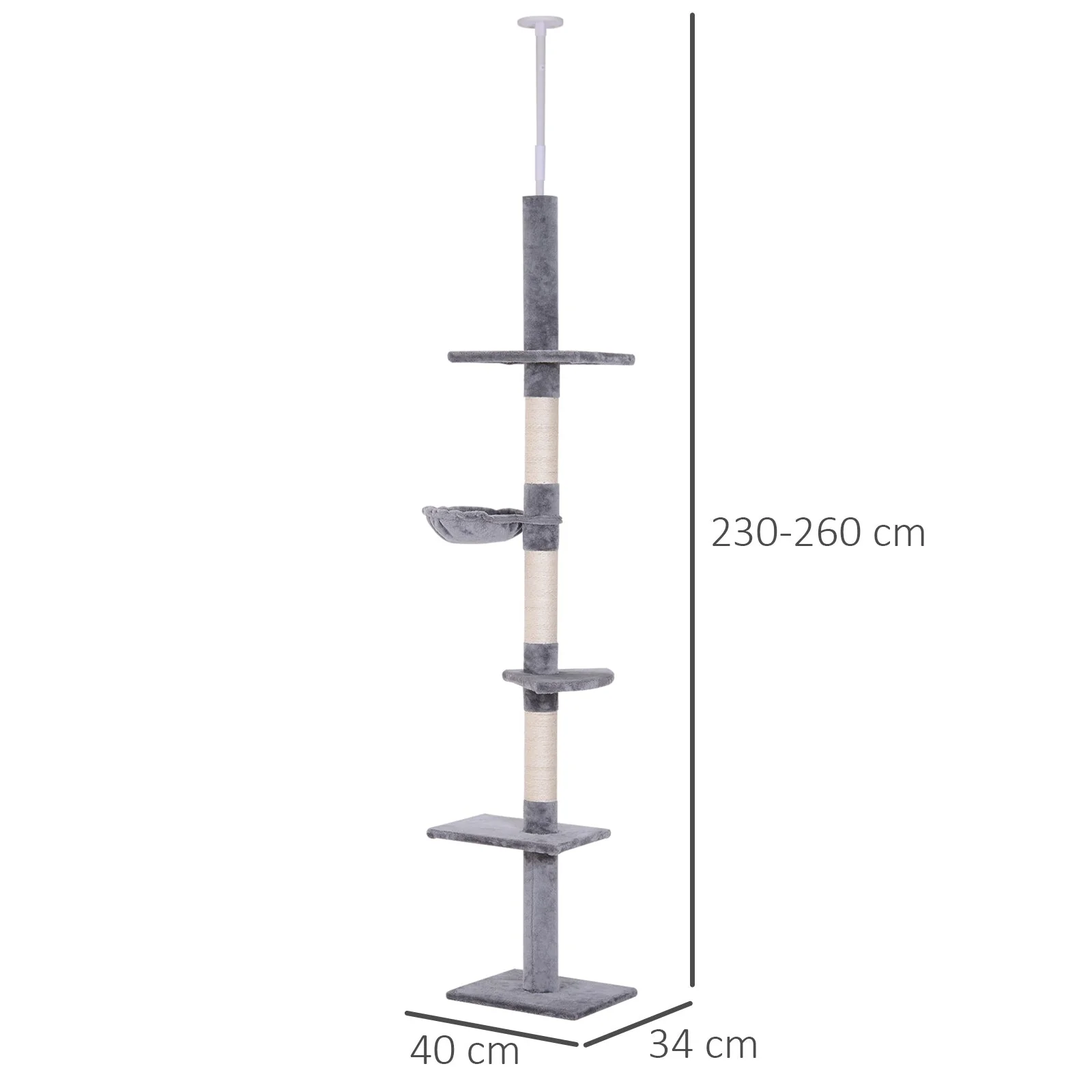 PawHut Floor to Ceiling Cat Tree for Indoor Cats 5-Tier Kitty Tower Climbing Activity Center Scratching Post Adjustable Height 230-260 cm Grey - Image 3