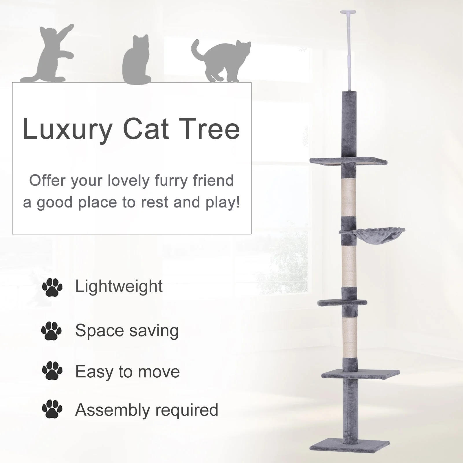 PawHut Floor to Ceiling Cat Tree for Indoor Cats 5-Tier Kitty Tower Climbing Activity Center Scratching Post Adjustable Height 230-260 cm Grey - Image 4