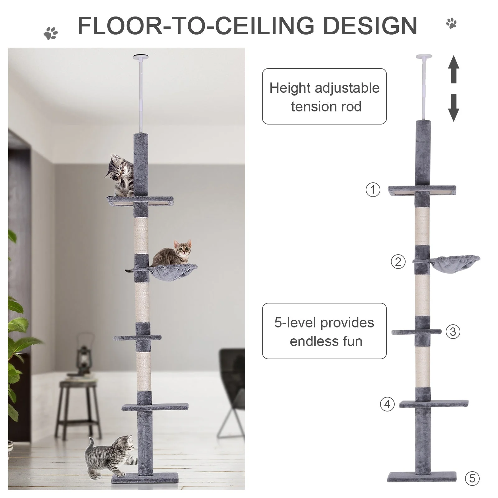 PawHut Floor to Ceiling Cat Tree for Indoor Cats 5-Tier Kitty Tower Climbing Activity Center Scratching Post Adjustable Height 230-260 cm Grey - Image 5