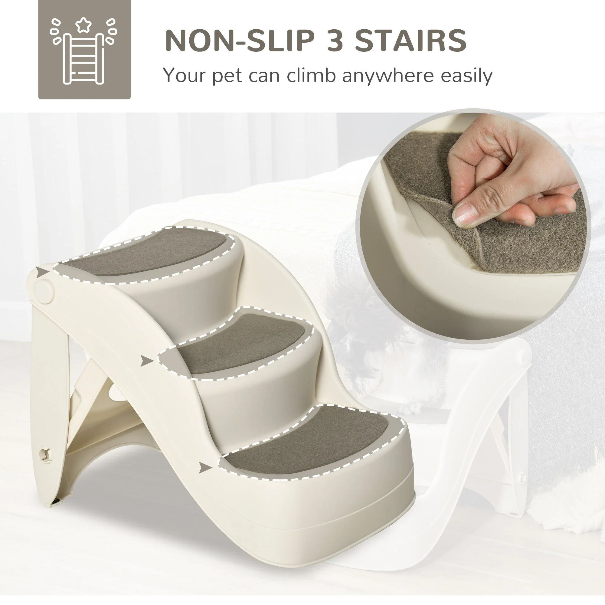 PawHut Foldable Pet Stairs Portable Dog Steps 3-Step Design with Non-slip Mats for High Beds - Image 4