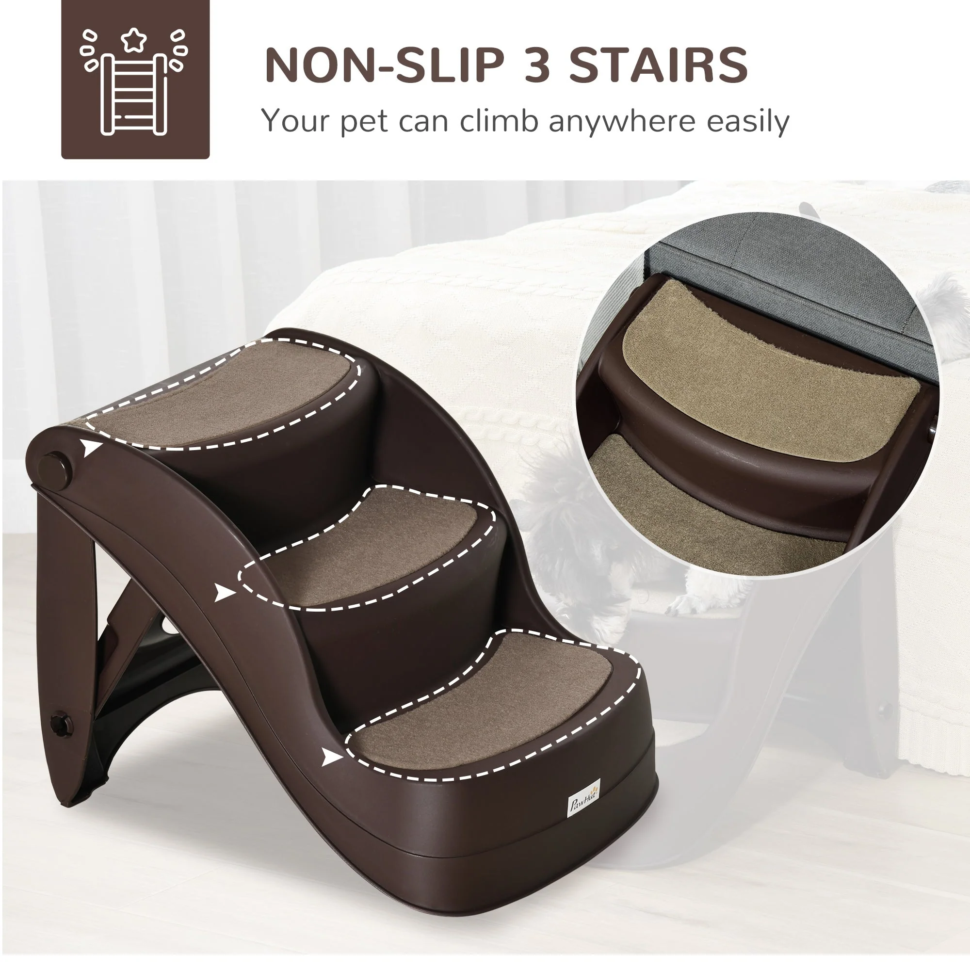 PawHut Foldable Pet Stairs Portable Dog Steps 3-Step Design with Non-slip Mats for High Beds - Image 2