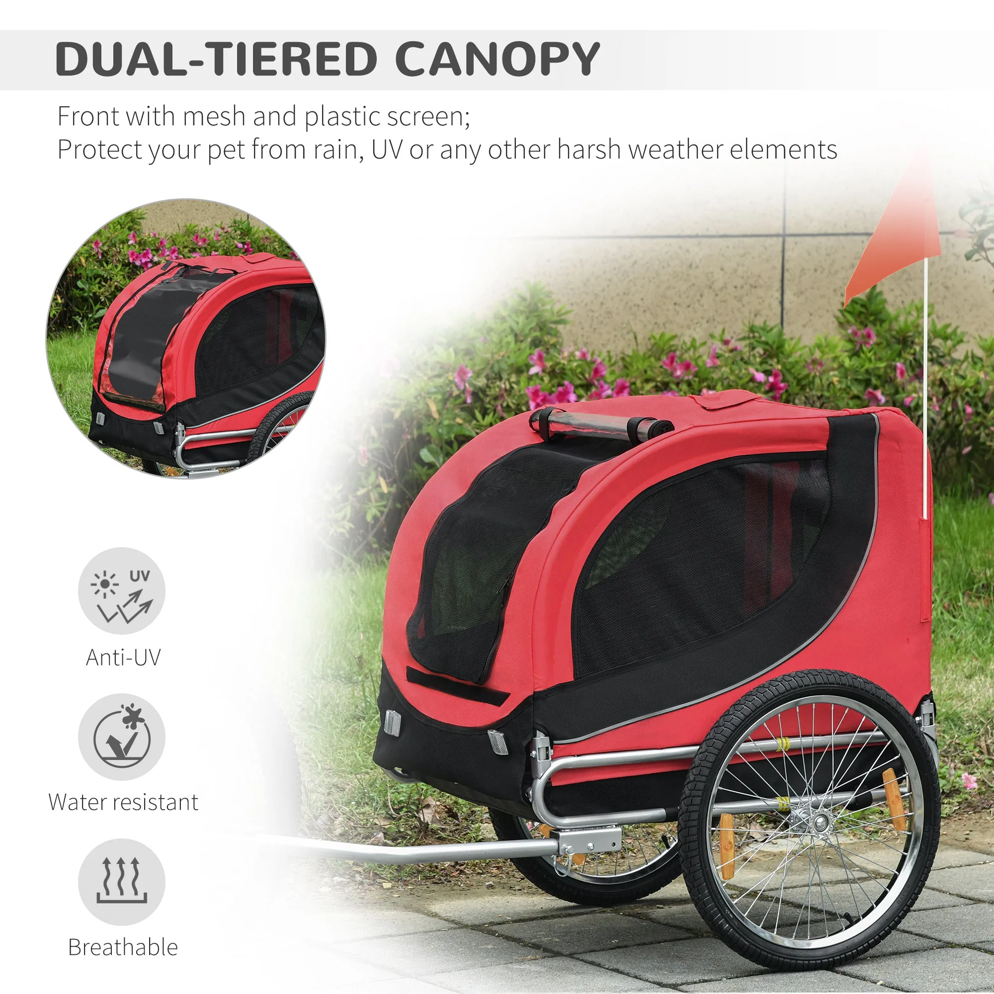 PawHut Folding Bicycle Pet Trailer W/Removable Cover-Red - Image 7