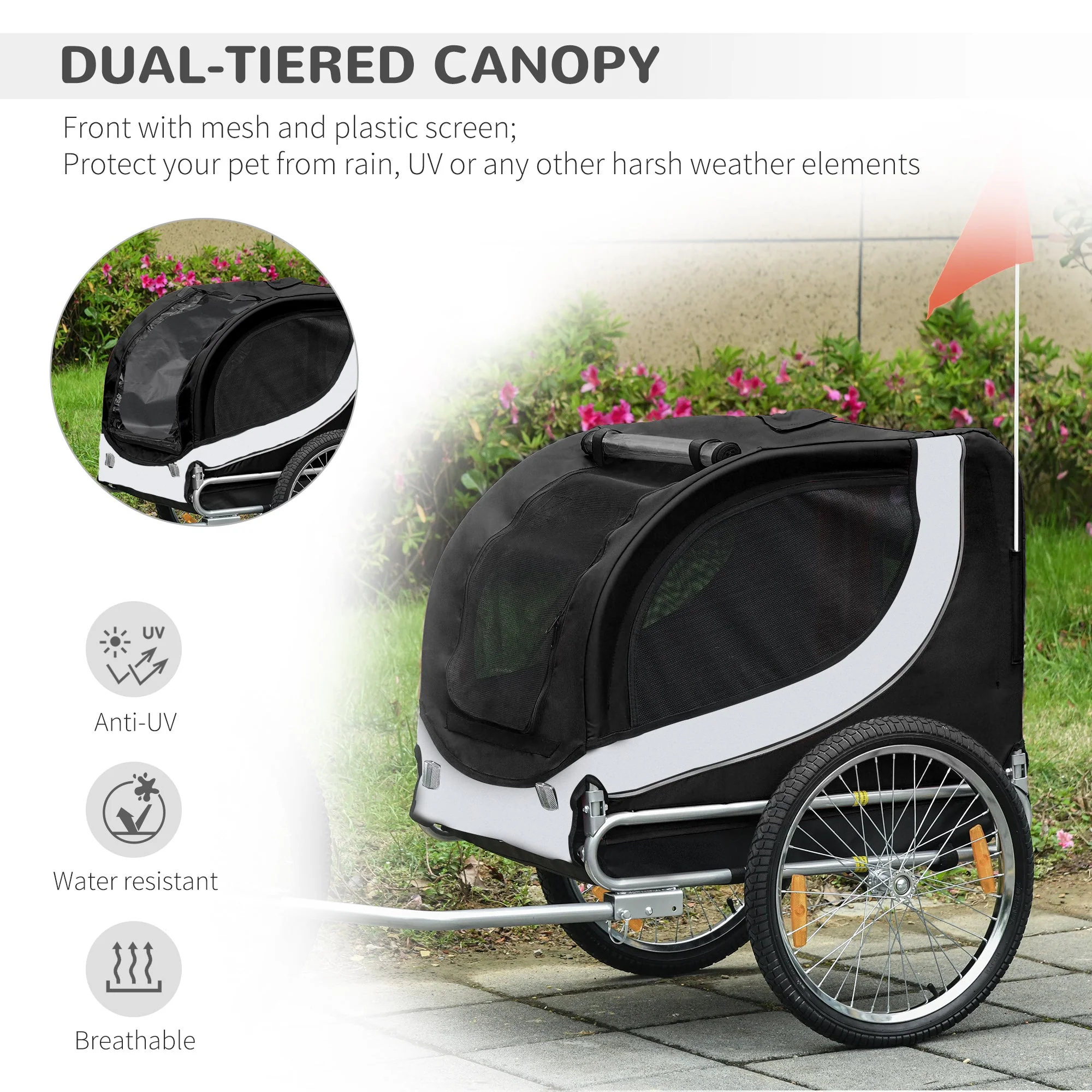 PawHut Folding Dog Bike Trailer Pet Bicycle Jogger Travel Carrier-Black & White - Image 5