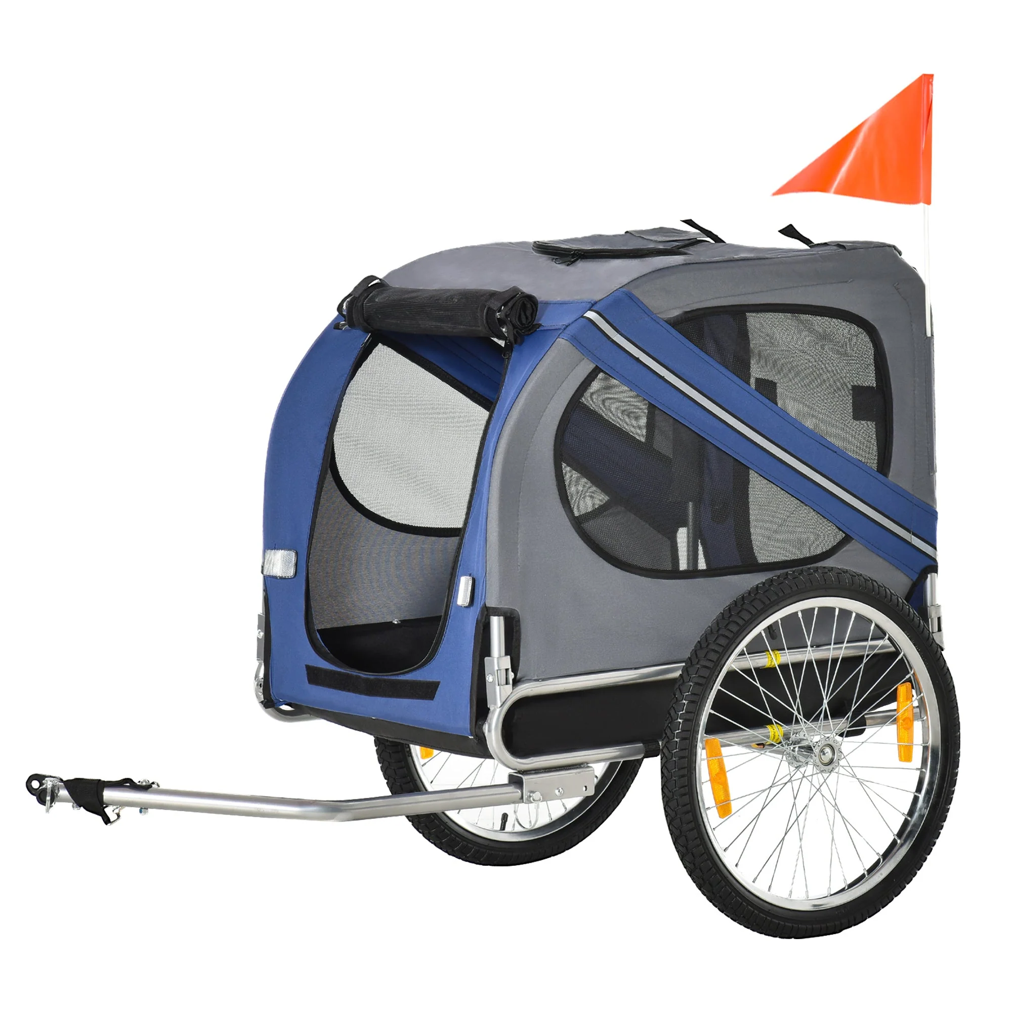 PawHut Folding Dog Bike Trailer Pet Cart Carrier for Bicycle Travel in Steel Frame with Hitch Coupler - Blue & Grey - Image 3