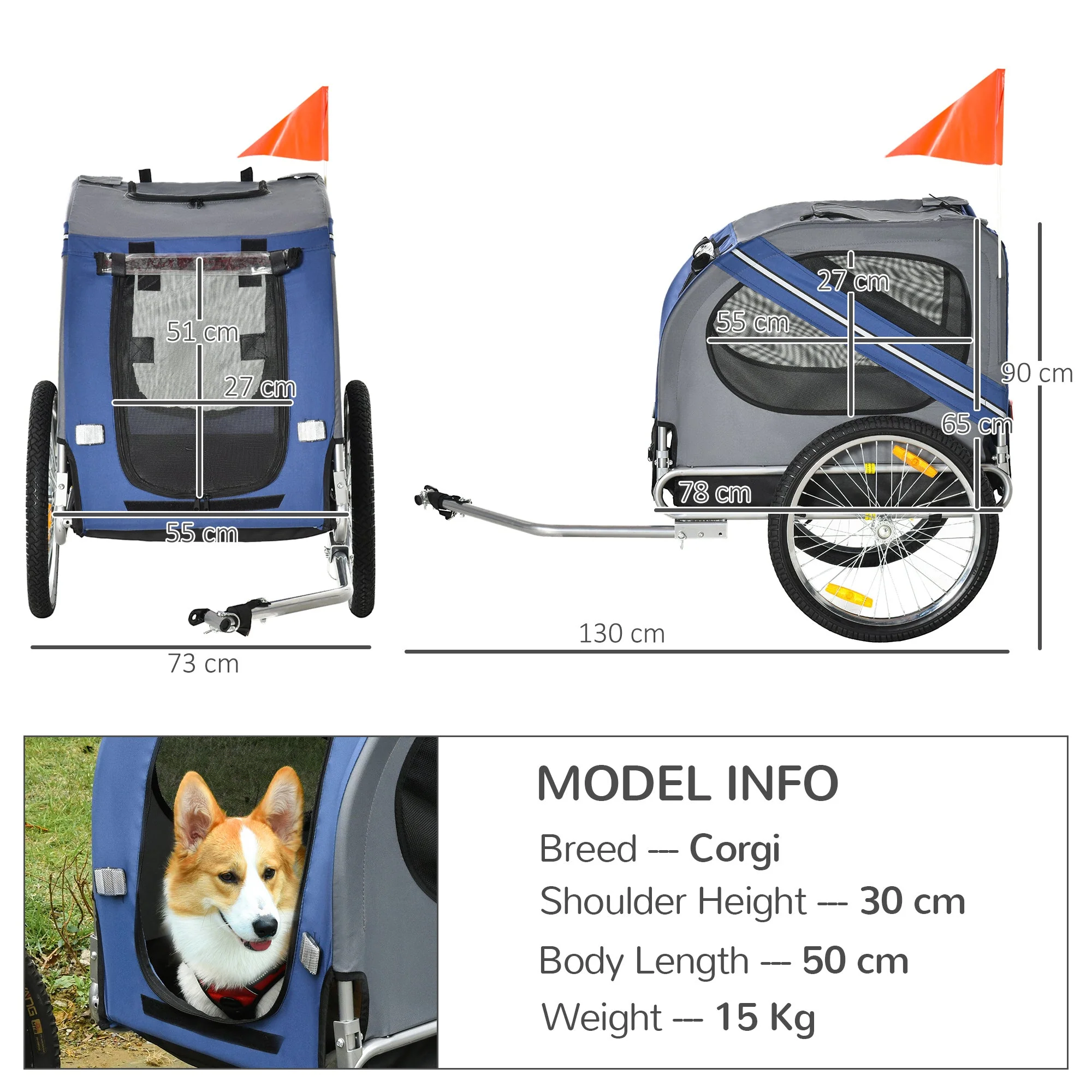 PawHut Folding Dog Bike Trailer Pet Cart Carrier for Bicycle Travel in Steel Frame with Hitch Coupler - Blue & Grey - Image 4