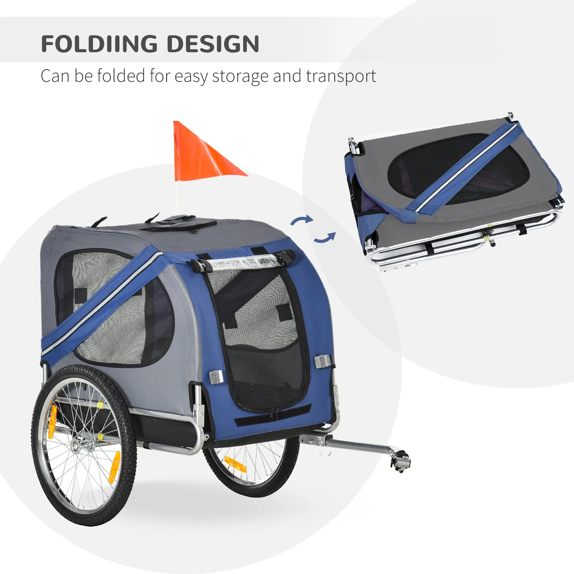 PawHut Folding Dog Bike Trailer Pet Cart Carrier for Bicycle Travel in Steel Frame with Hitch Coupler - Blue & Grey - Image 7