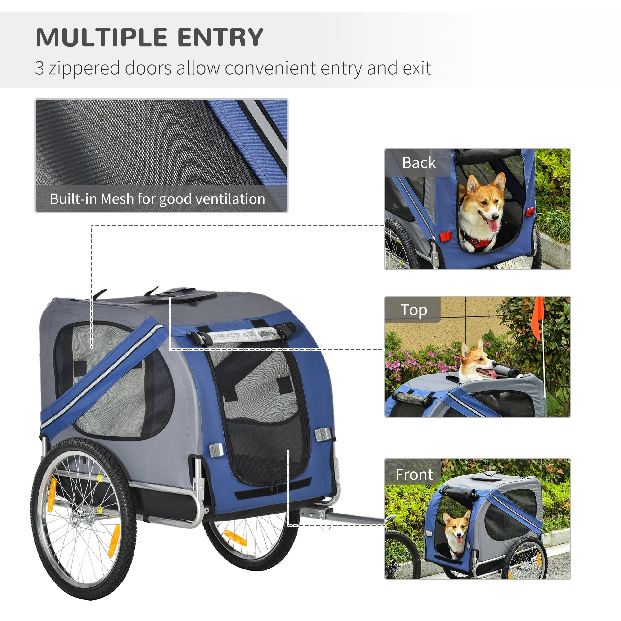 PawHut Folding Dog Bike Trailer Pet Cart Carrier for Bicycle Travel in Steel Frame with Hitch Coupler - Blue & Grey - Image 8