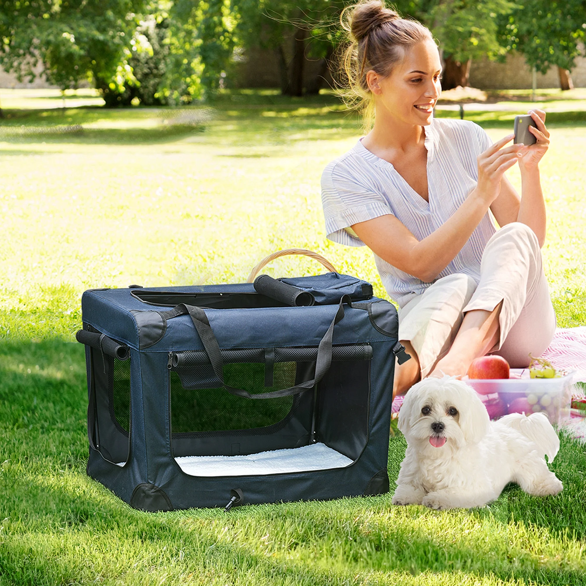 PawHut Folding Pet Carrier Bag Soft Portable Dog Cat Crate Puppy Kennel Cage House with Cushion Storage Bags Dark Blue - Image 4