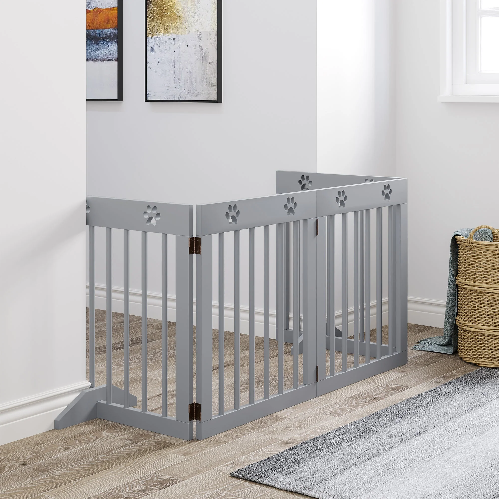 PawHut Freestanding Pet Gate 4 Panel Folding Wooden Dog Barrier w/ Support Feet - Image 2