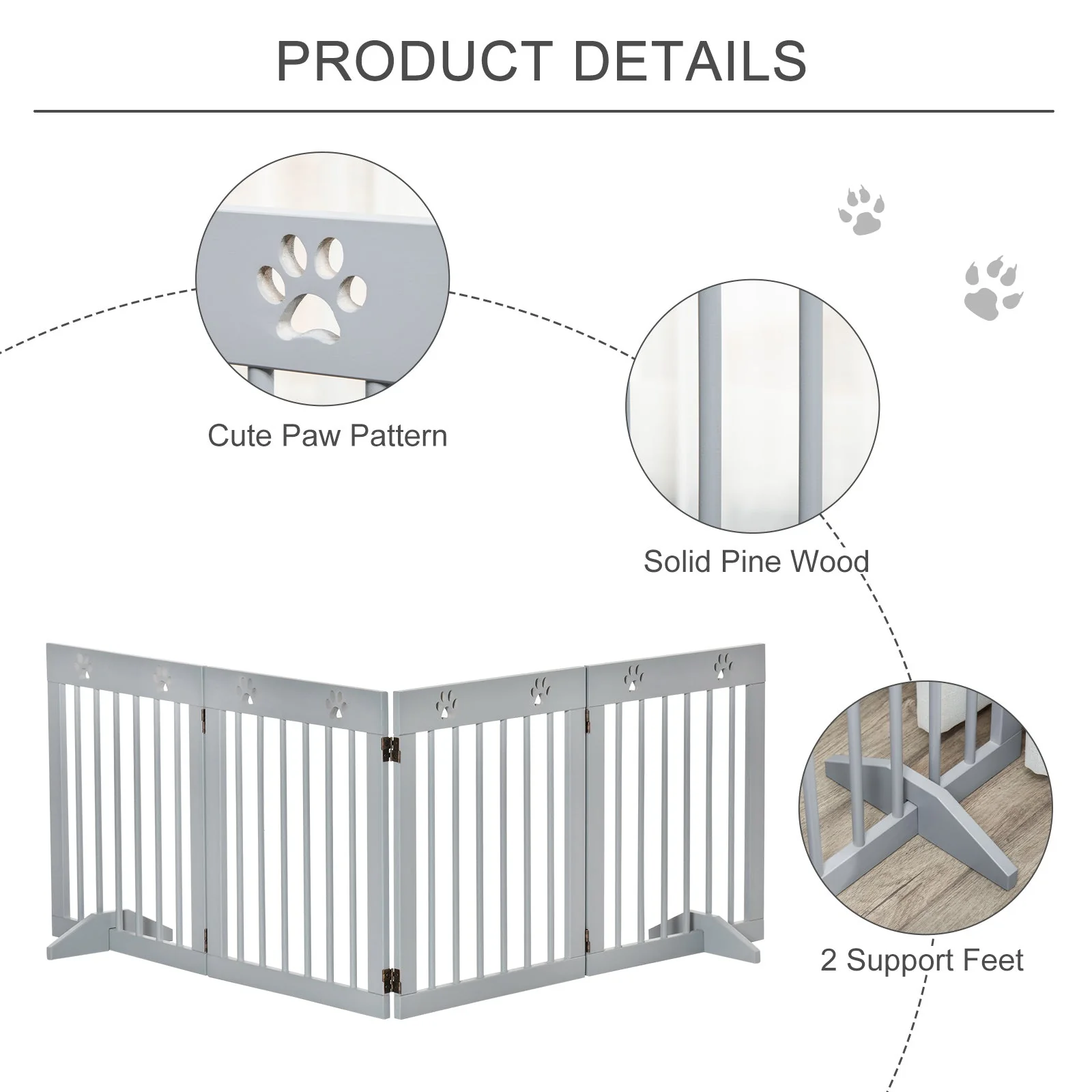 PawHut Freestanding Pet Gate 4 Panel Folding Wooden Dog Barrier w/ Support Feet - Image 6