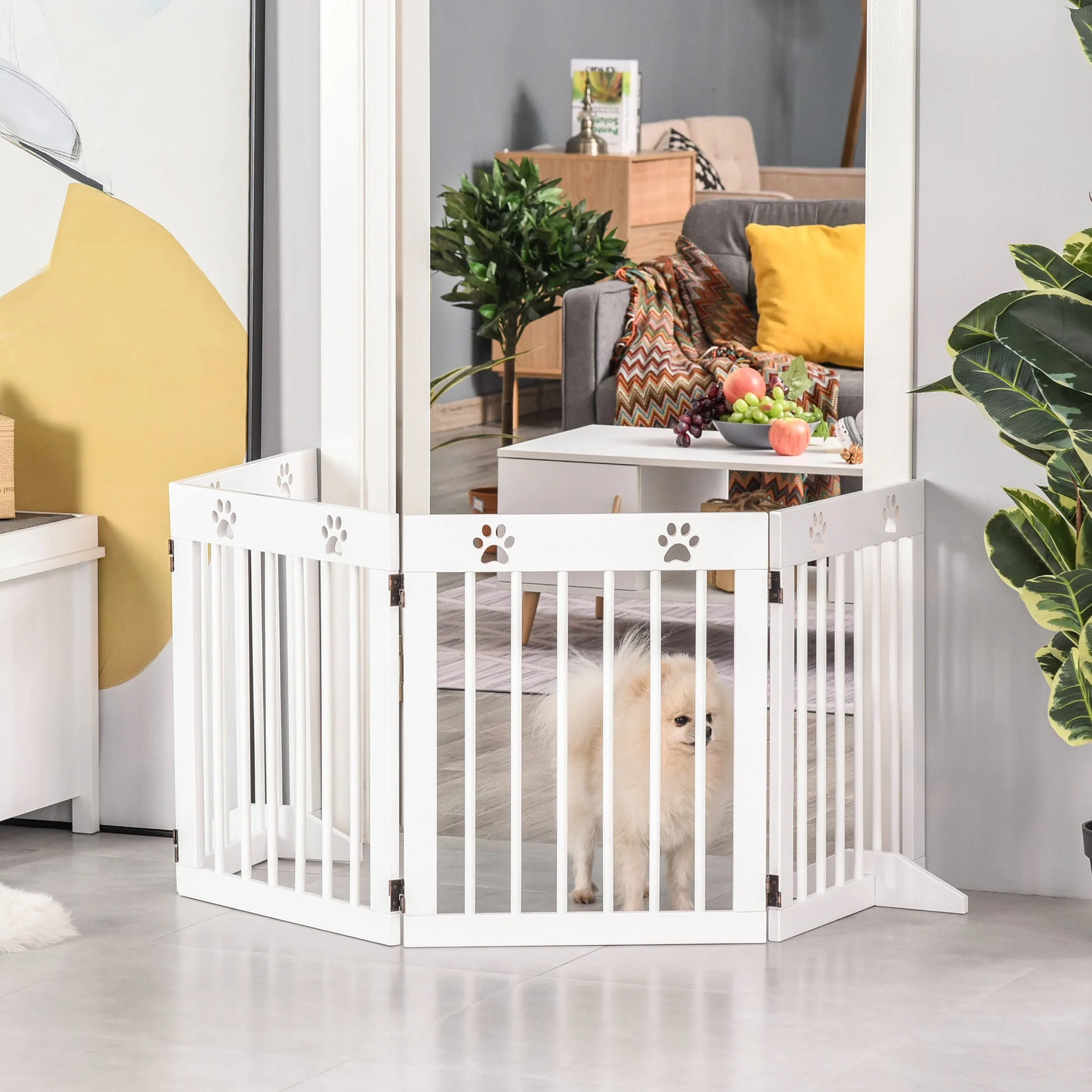 Pawhut Freestanding Pet Gate 4 Panel Wooden Dog Barrier Folding Safety Fence With Support Feet Up To 204cm Long 61cm Tall For Doorway Stairs White - Image 2