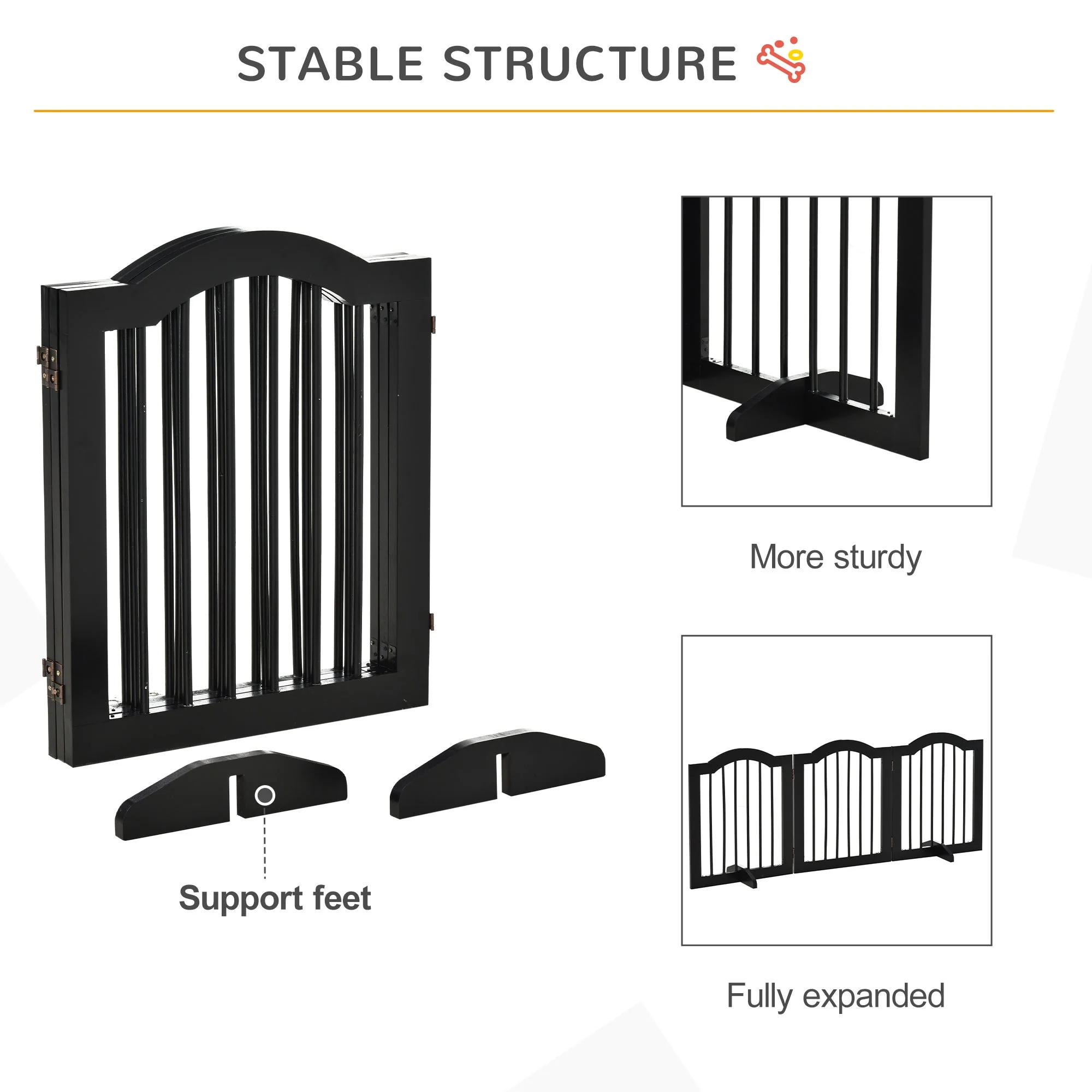 PawHut Freestanding Pet Gate Wooden Dog Gate with Support Feet Foldable Pet Fence Safety Barrier for the House Doorway Stairs Black - Image 2