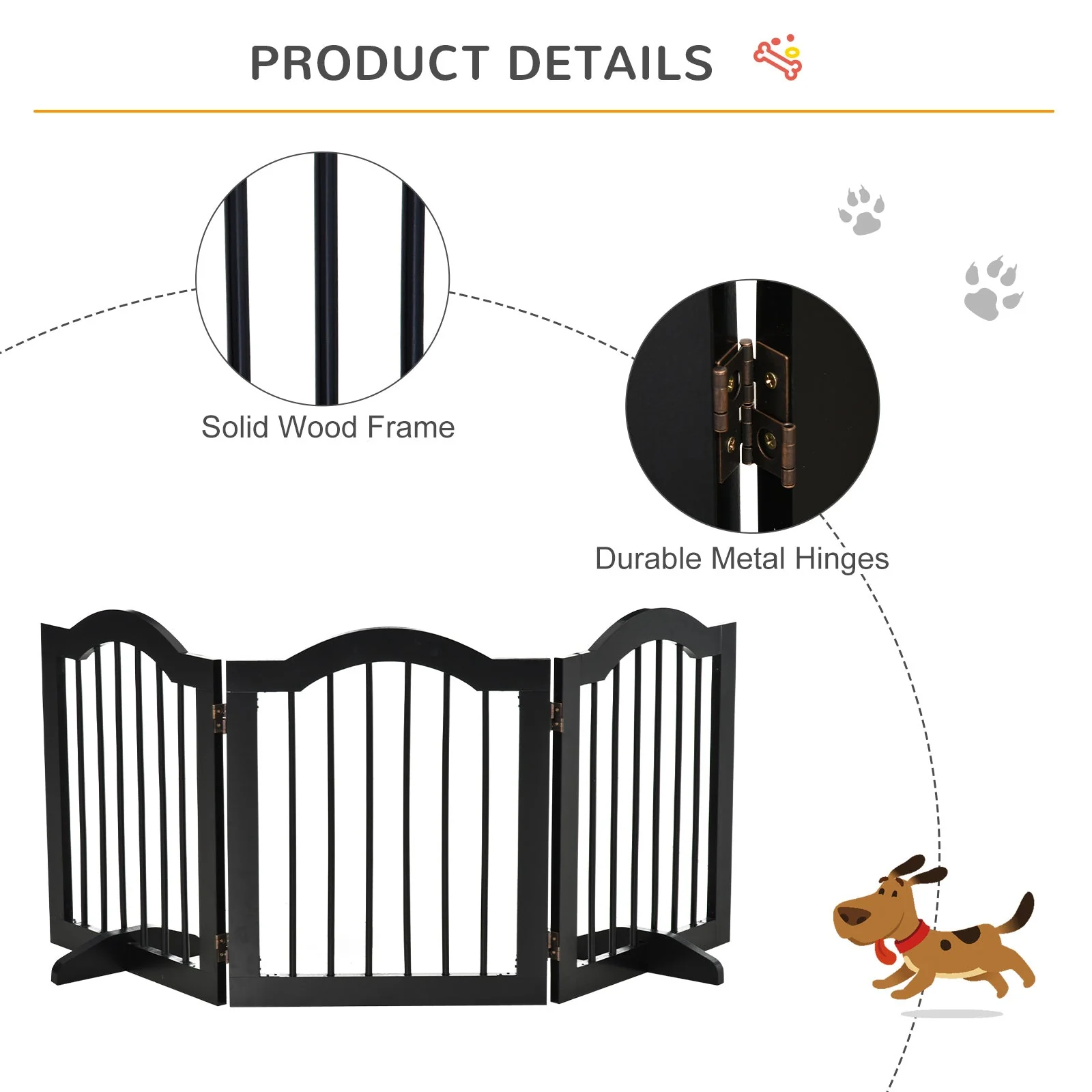 PawHut Freestanding Pet Gate Wooden Dog Gate with Support Feet Foldable Pet Fence Safety Barrier for the House Doorway Stairs Black - Image 8