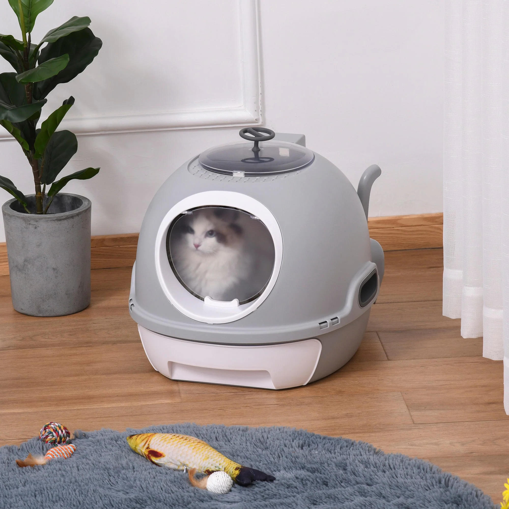 PawHut Futuristic Capsule-Shaped Cat Litter Box w/ 2 Doors Litter Scoop Drawer - Image 6