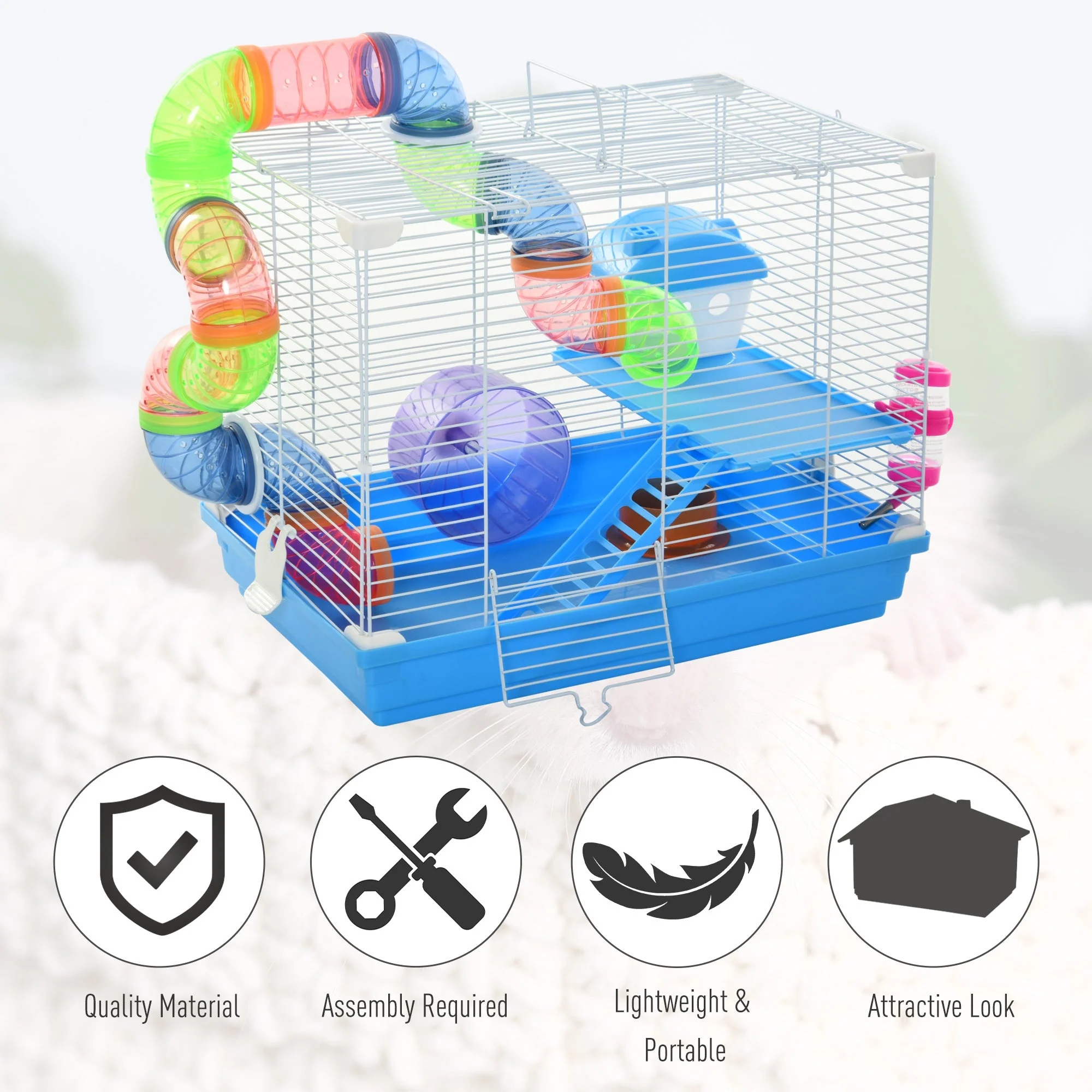 PawHut Hamster Cage Carrier Small Animal House with Exercise Wheels Tunnel Tube - Image 3