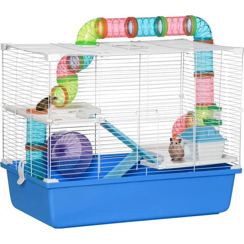 PawHut Hamster Cage with Tubes Tunnel 3 Level Rodent House with Exercise Wheel - Image 2