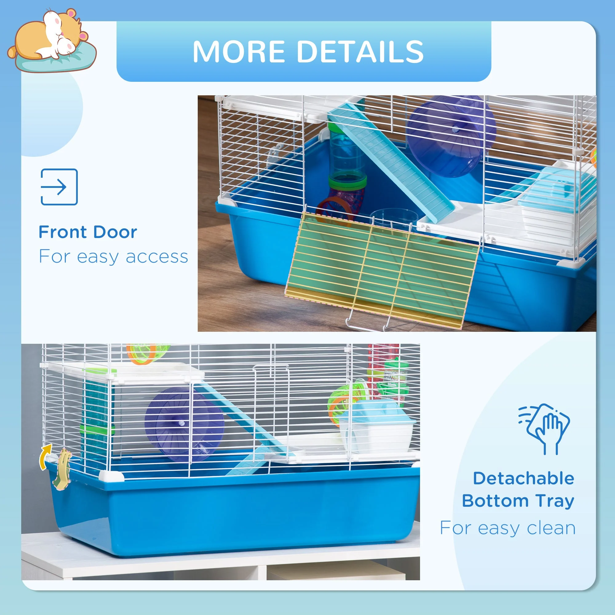 PawHut Hamster Cage with Tubes Tunnel 3 Level Rodent House with Exercise Wheel - Image 3
