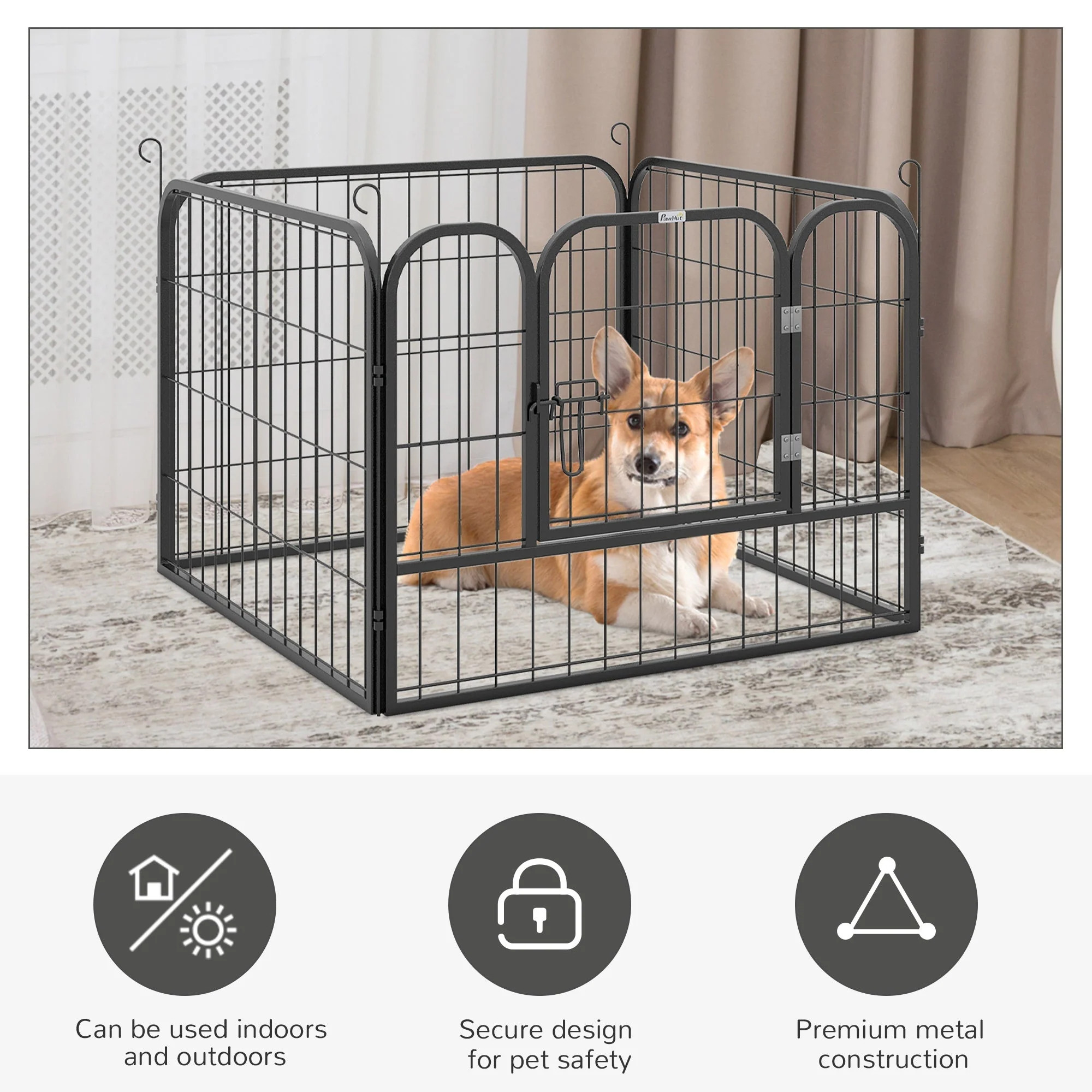 PawHut Heavy Duty Dog Pens Pet Puppy Metal PlayPen 4 Panel Foldable Dog Crate Kennel 82 x 82 x 60 cm - Image 3