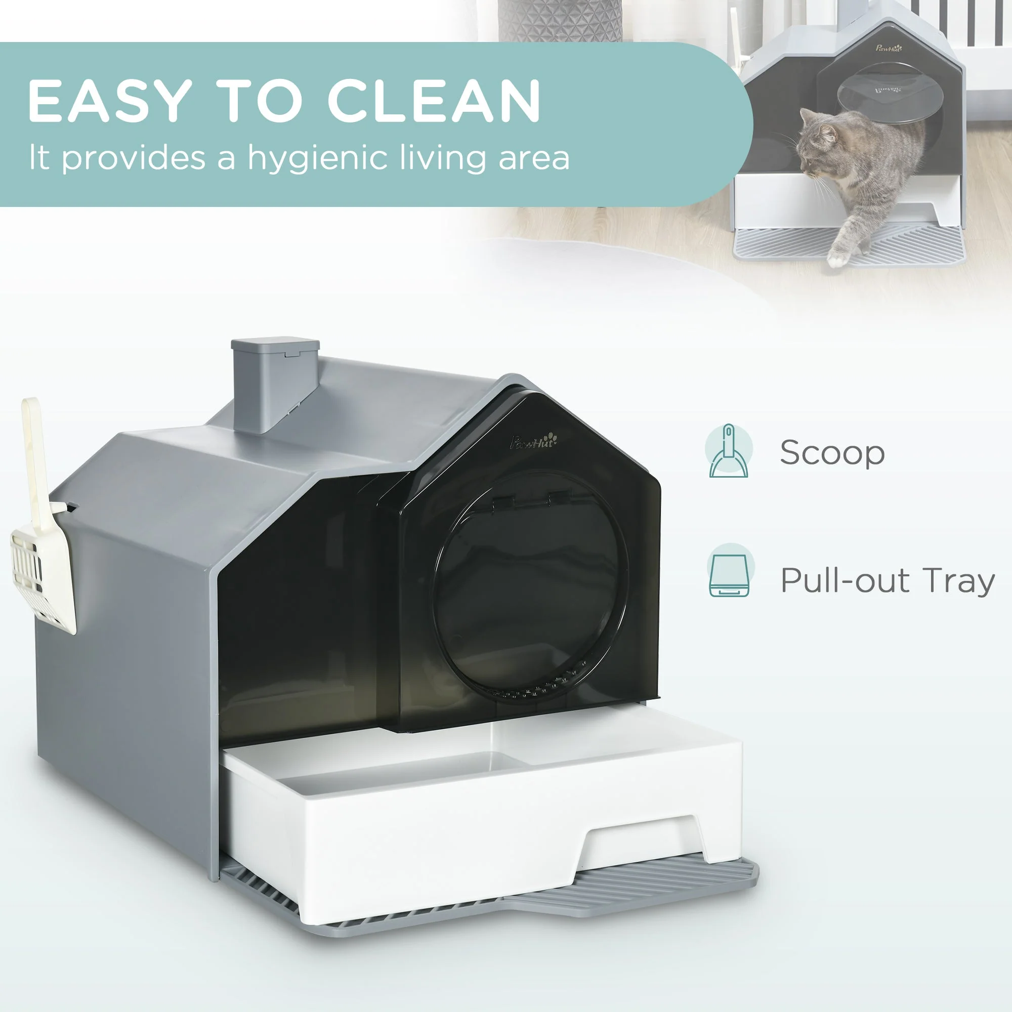 PawHut Hooded Cat Litter Tray with Scoop - Image 5