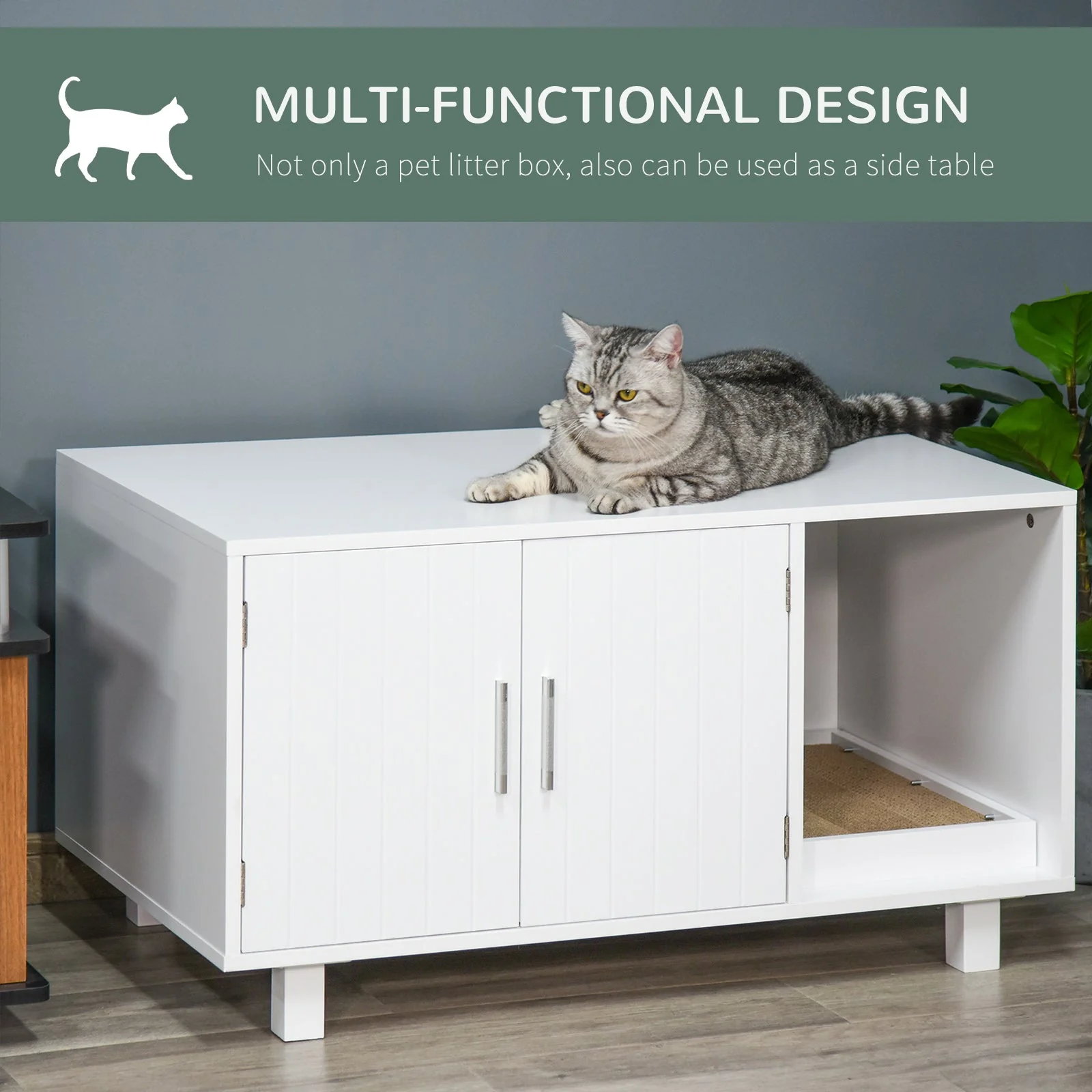 PawHut Indoor Feline Cat Box Furniture Kitty Table w/ Scratch & Magnetic Doors - Image 5