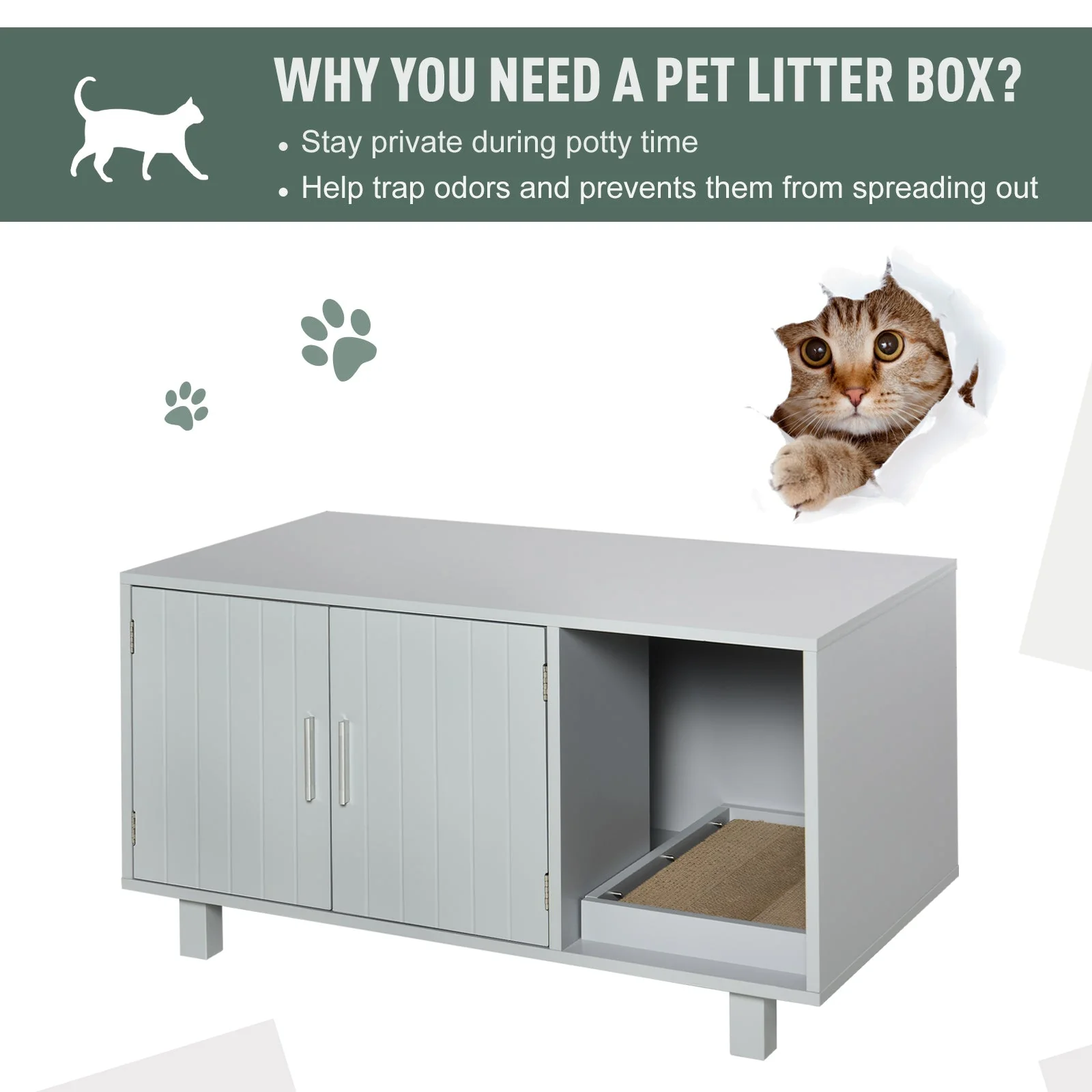 PawHut Indoor Feline Cat Box Furniture Kitty Table w/ Scratch & Magnetic Doors - Image 2