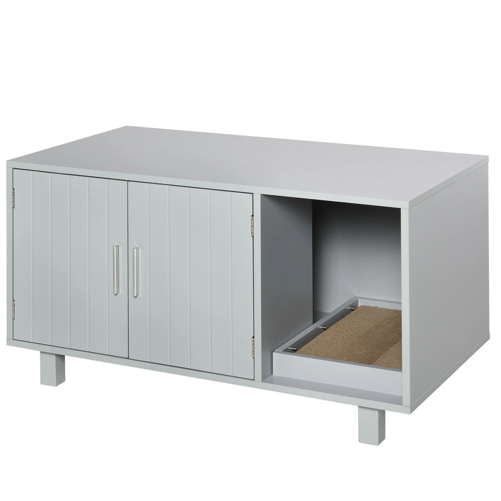 PawHut Indoor Feline Cat Box Furniture Kitty Table w/ Scratch & Magnetic Doors - Image 3