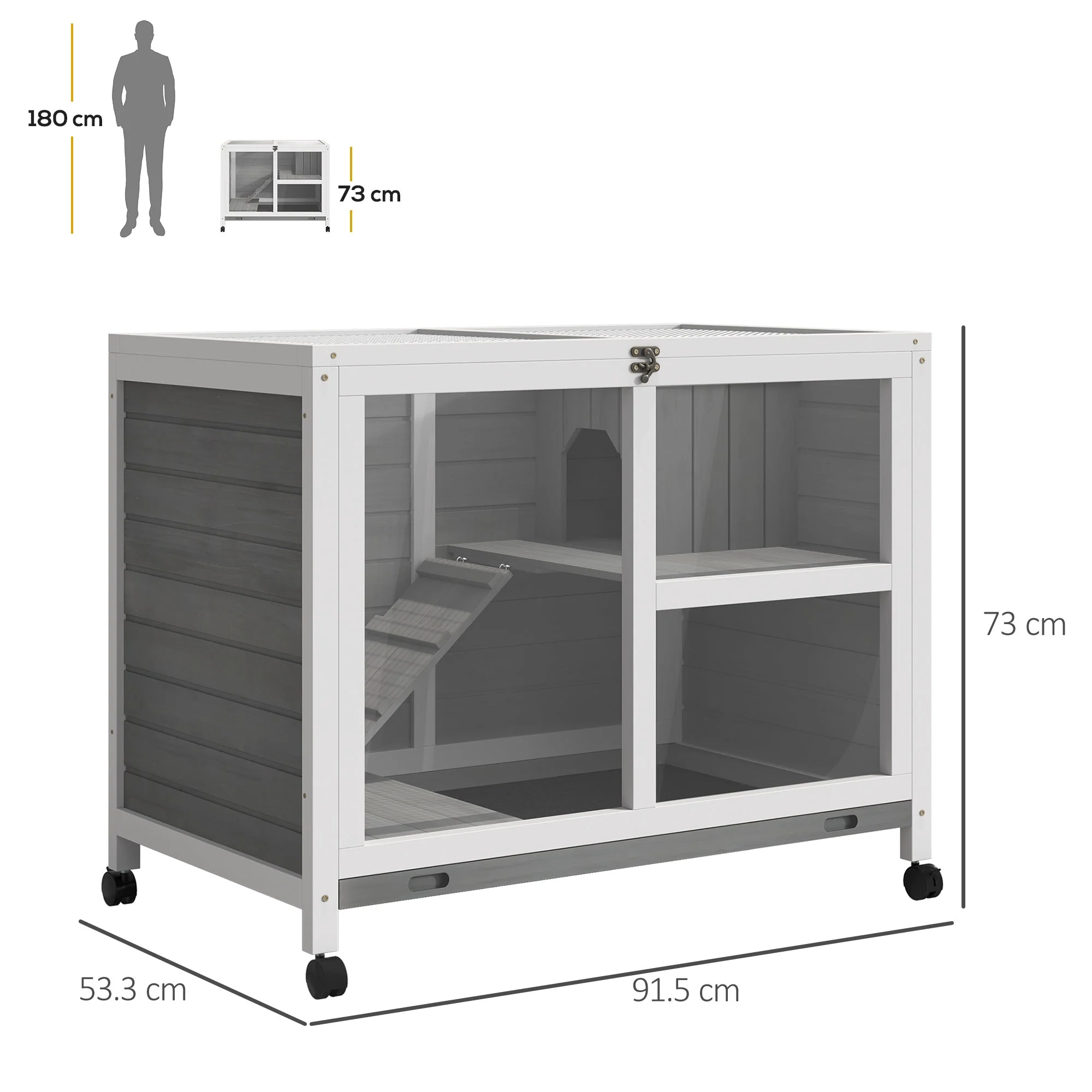 PawHut Indoor Rabbit Hutch Guinea Pigs House Bunny Cage Openable Roof 91.5x53.3x73cm - Image 4