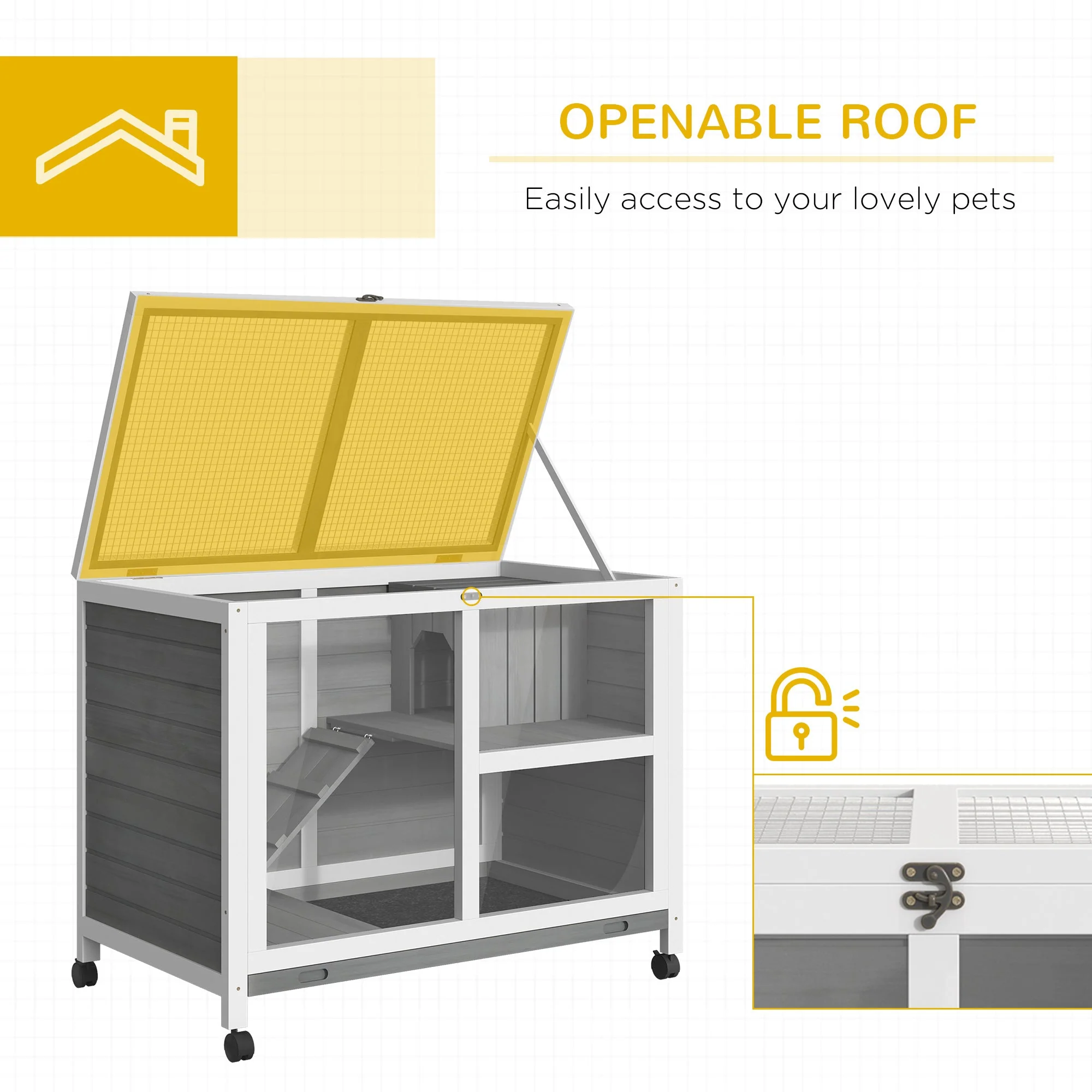 PawHut Indoor Rabbit Hutch Guinea Pigs House Bunny Cage Openable Roof 91.5x53.3x73cm - Image 6