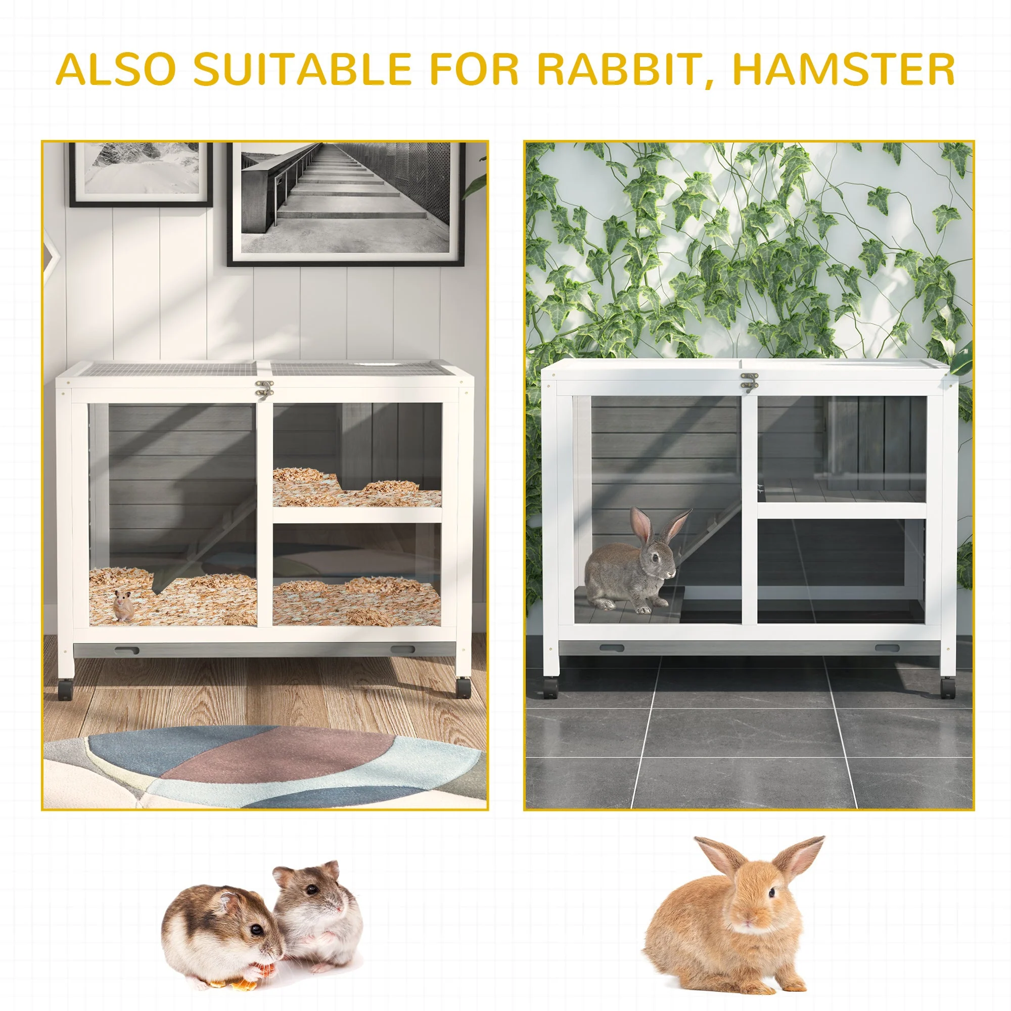 PawHut Indoor Rabbit Hutch Guinea Pigs House Bunny Cage Openable Roof 91.5x53.3x73cm - Image 8