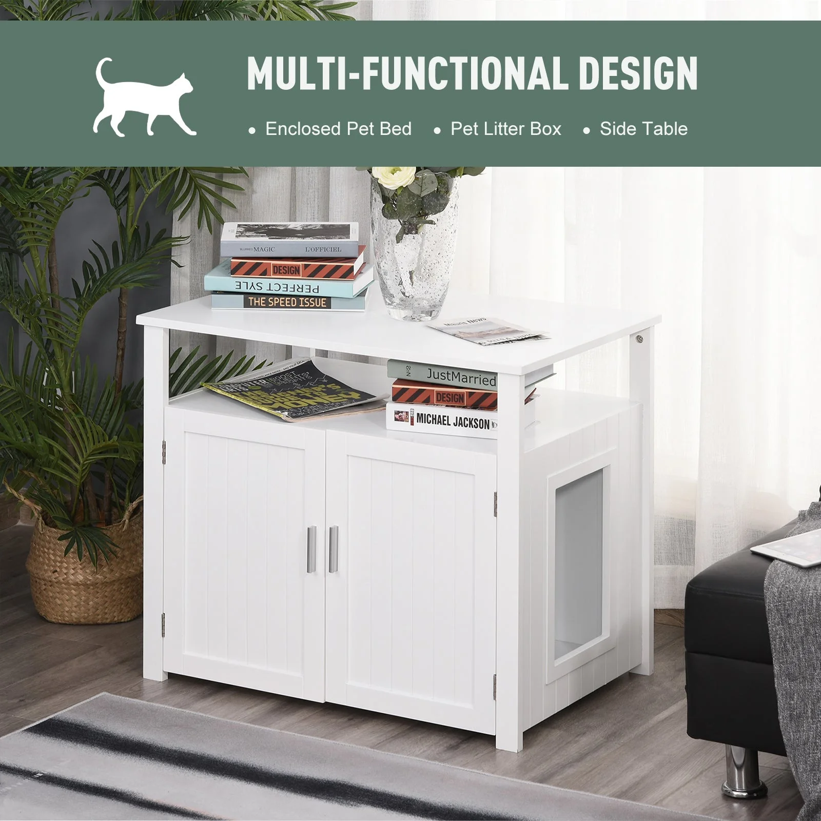 PawHut Inside Tabletop Side Table Cat Box Fixture w/ Magnetic Closing Door - Image 6