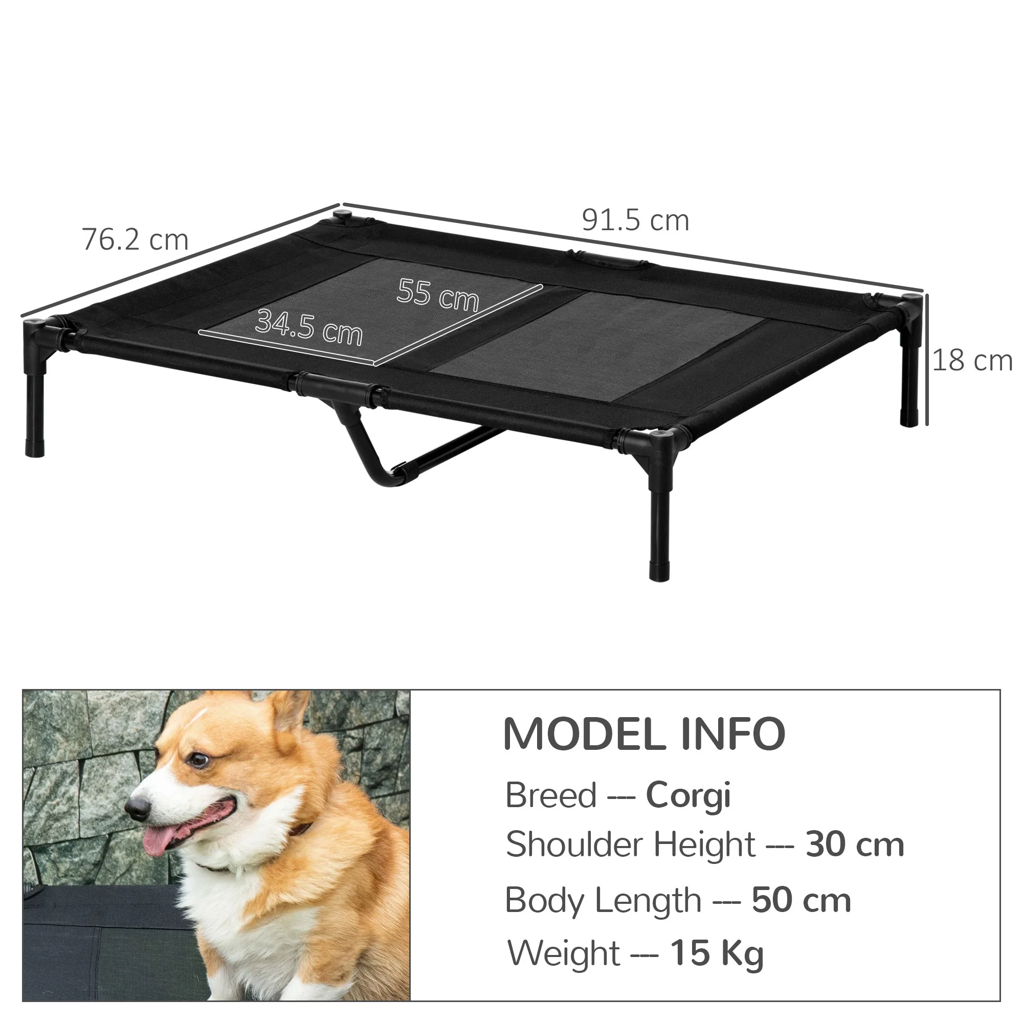 PawHut Large Raised Dog Bed Cat Elevated Lifted Cooling Portable Camping Basket Outdoor Indoor Mesh Pet Cot Metal Frame Black - Image 3