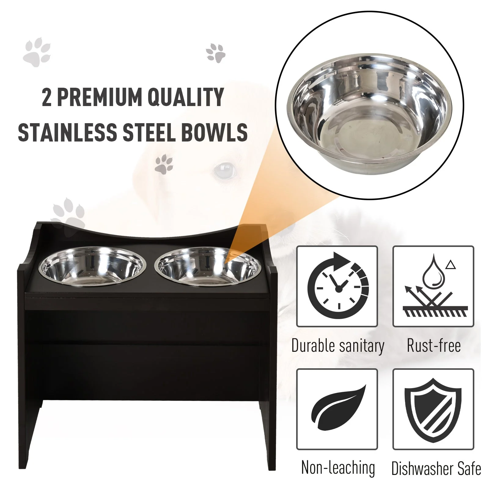 PawHut Medium-density fibreboard Elevated Duo Pet Bowl Feeder Brown - Image 4
