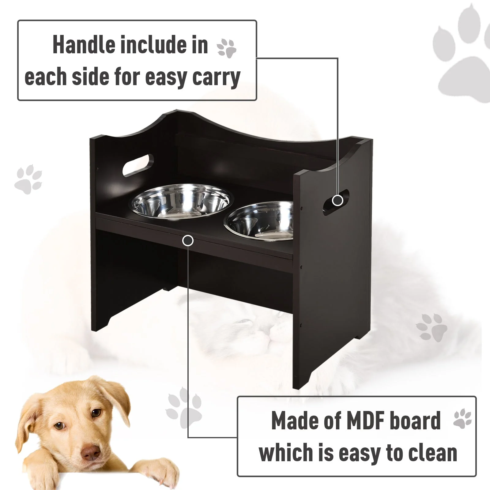 PawHut Medium-density fibreboard Elevated Duo Pet Bowl Feeder Brown - Image 5