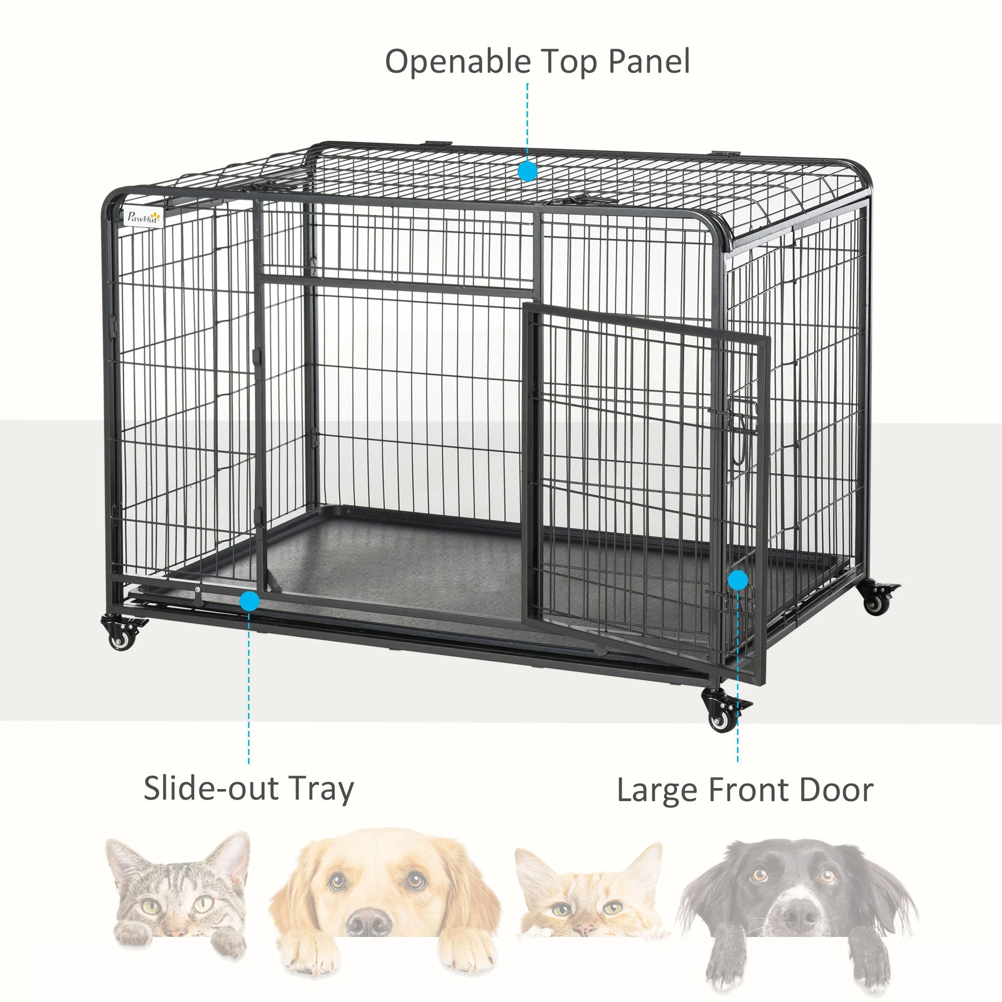 PawHut Metal Dog Cage Kennel Locking Door & Wheels Removable Tray Openable Top For Extra Large Pets 125 x 76 x 81 cm - Image 3