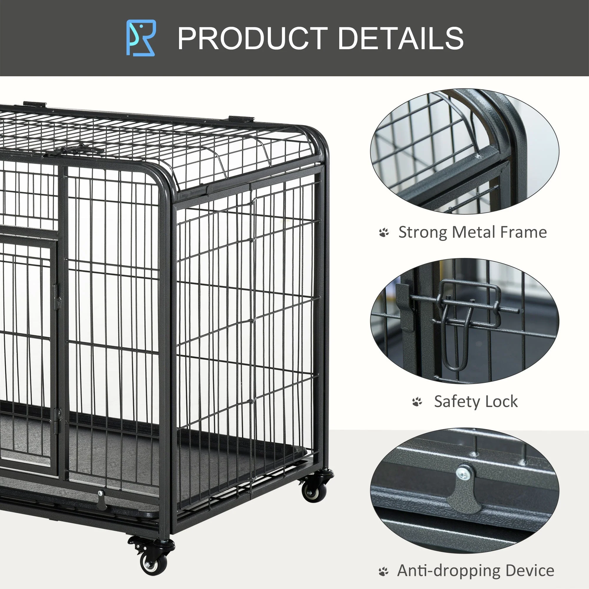 PawHut Metal Dog Cage Kennel Locking Door & Wheels Removable Tray Openable Top For Large Pets 109.5 x 71 x 78 cm - Image 2