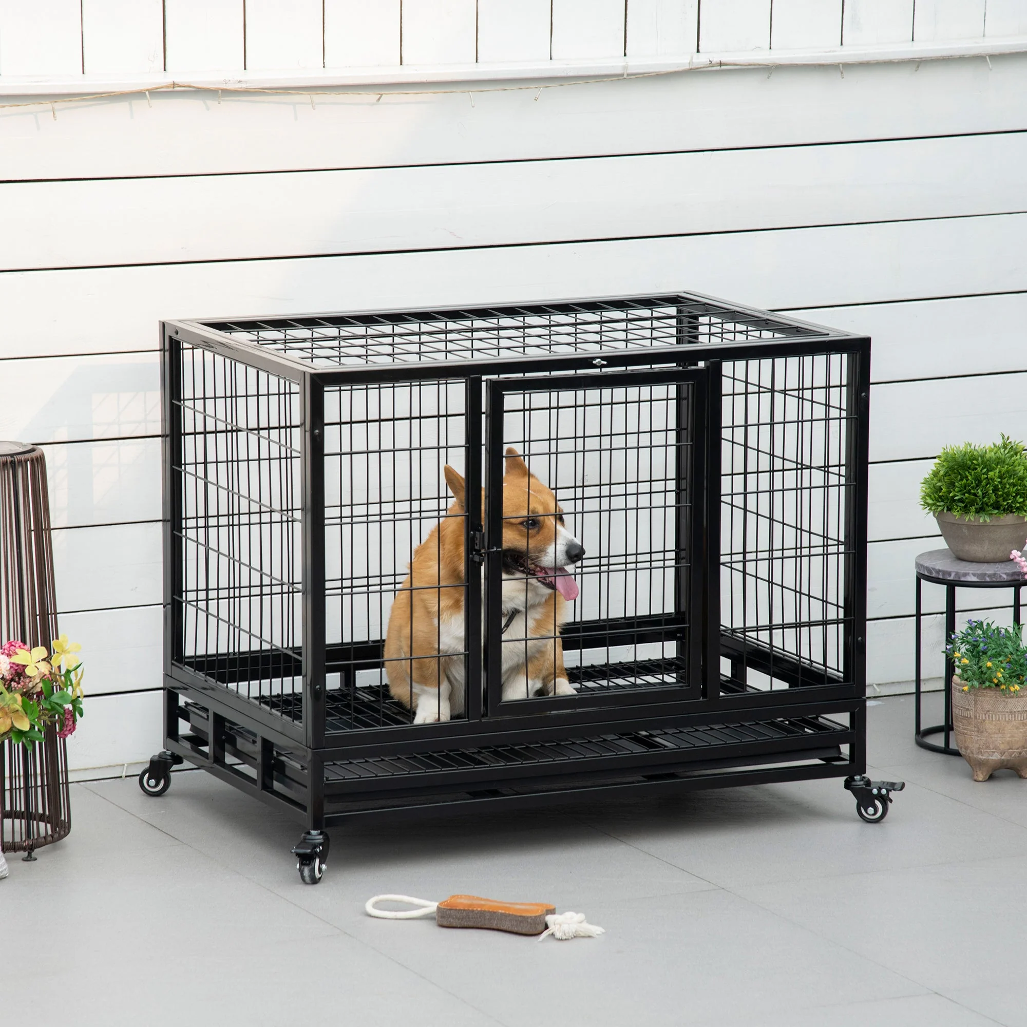 PawHut Metal Kennel Cage W/Wheels and Crate Tray - Image 5