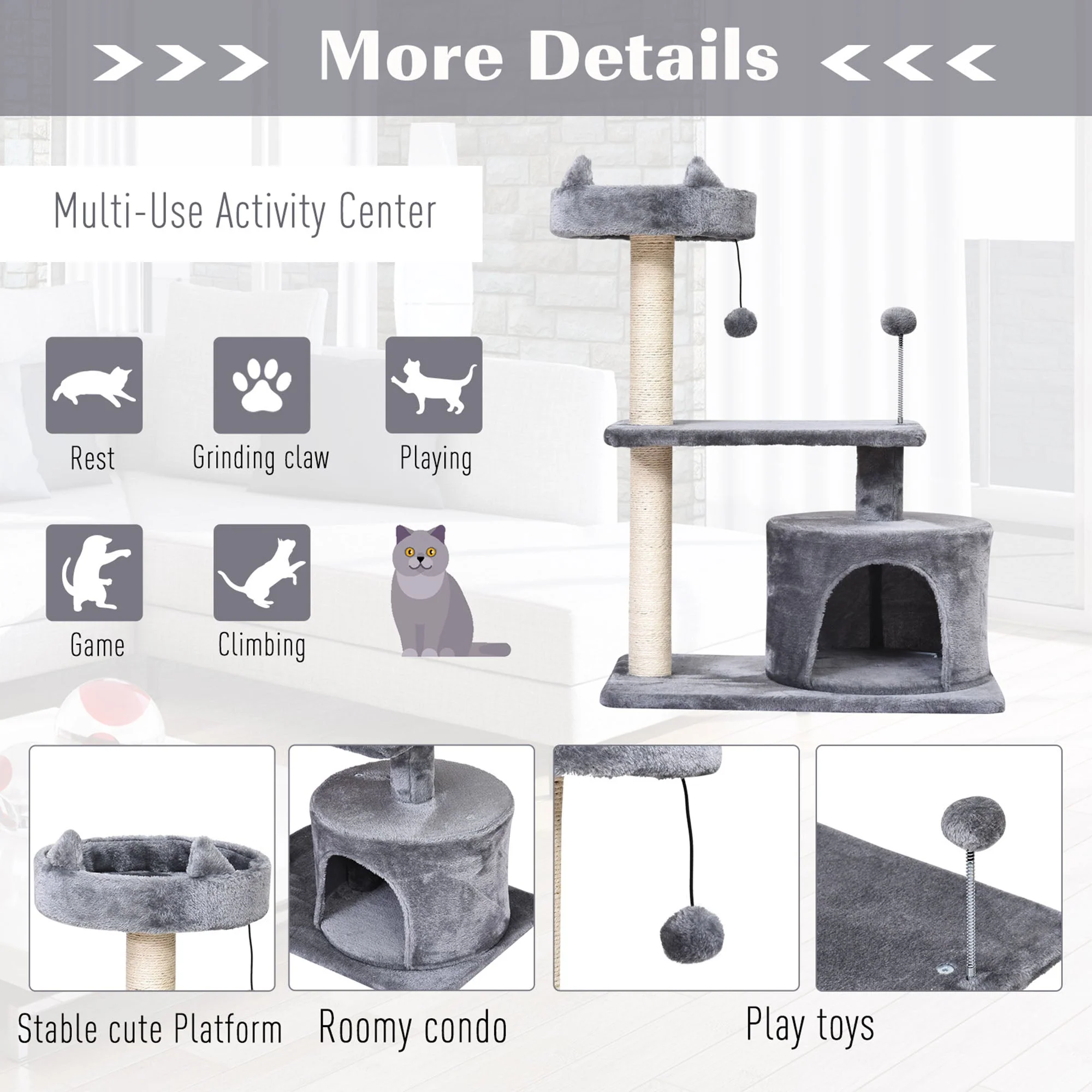 PawHut Mult Level Cat Tree for Indoor Cats with Scratching Post Bed Condo Perch - Image 7
