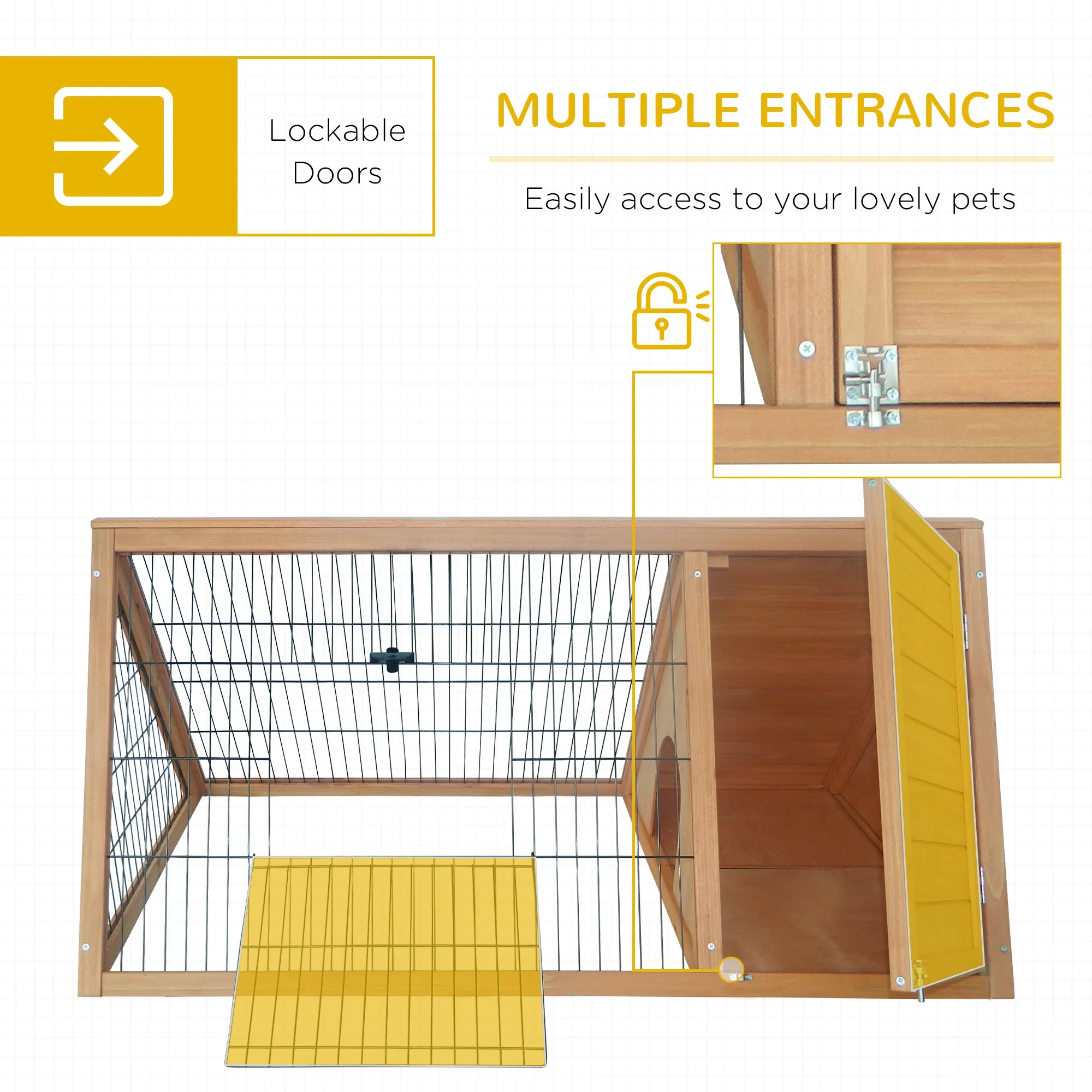 PawHut Outside Wooden Rabbit Hutch w/ Outside Area - Yellow - Image 7