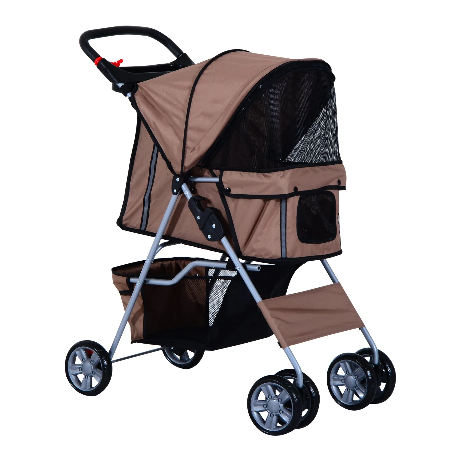 PawHut Oxford Cloth Foldable Dog Stroller Pushchair Pet Trolley w/ Zipper Entry-Brown/Silver - Image 2