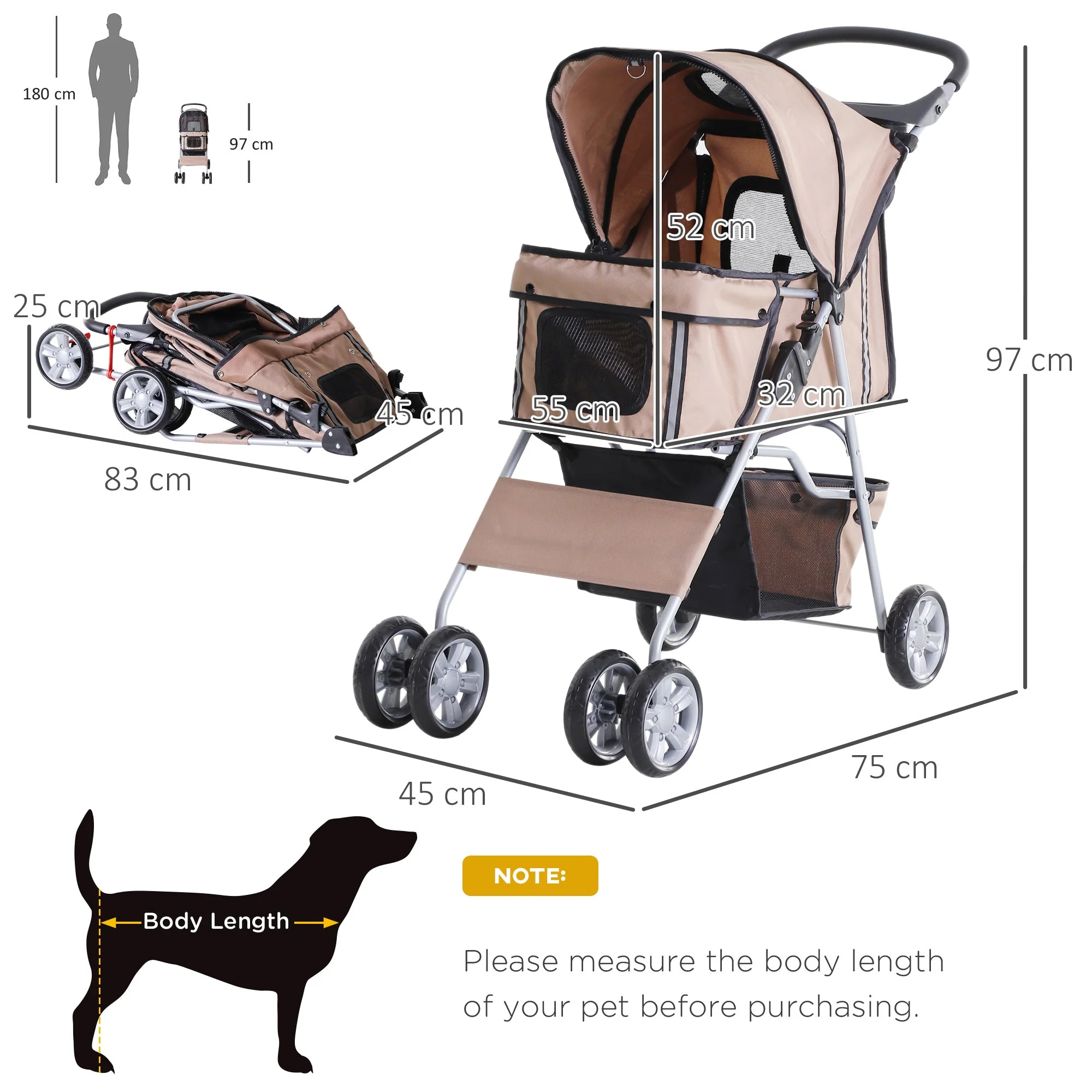 PawHut Oxford Cloth Foldable Dog Stroller Pushchair Pet Trolley w/ Zipper Entry-Brown/Silver - Image 3