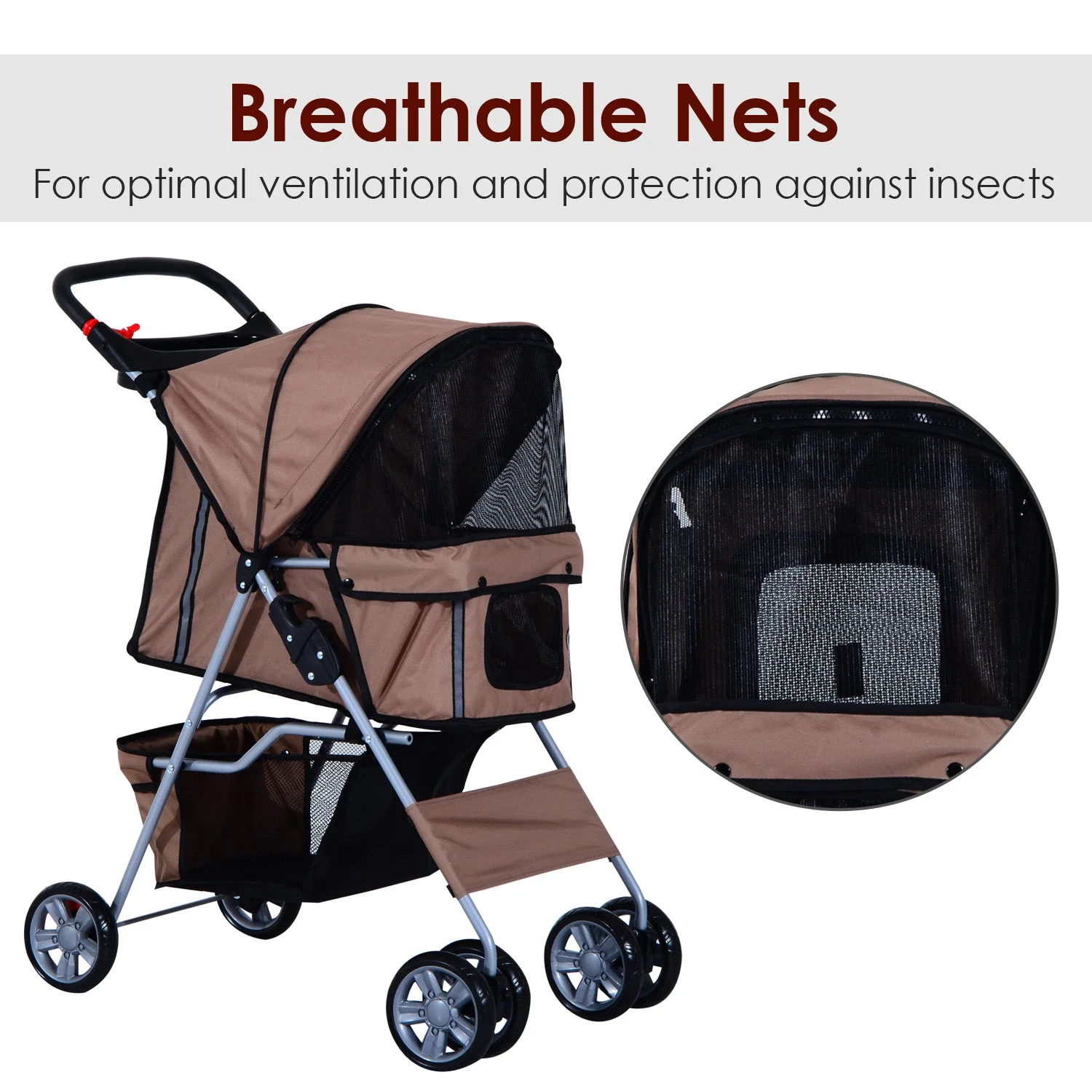 PawHut Oxford Cloth Foldable Dog Stroller Pushchair Pet Trolley w/ Zipper Entry-Brown/Silver - Image 4