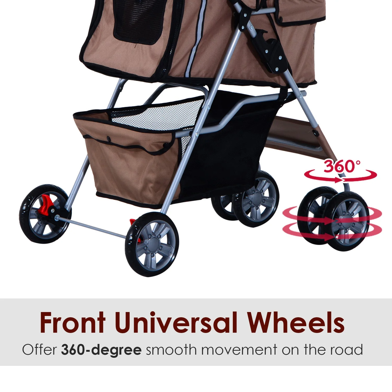 PawHut Oxford Cloth Foldable Dog Stroller Pushchair Pet Trolley w/ Zipper Entry-Brown/Silver - Image 5