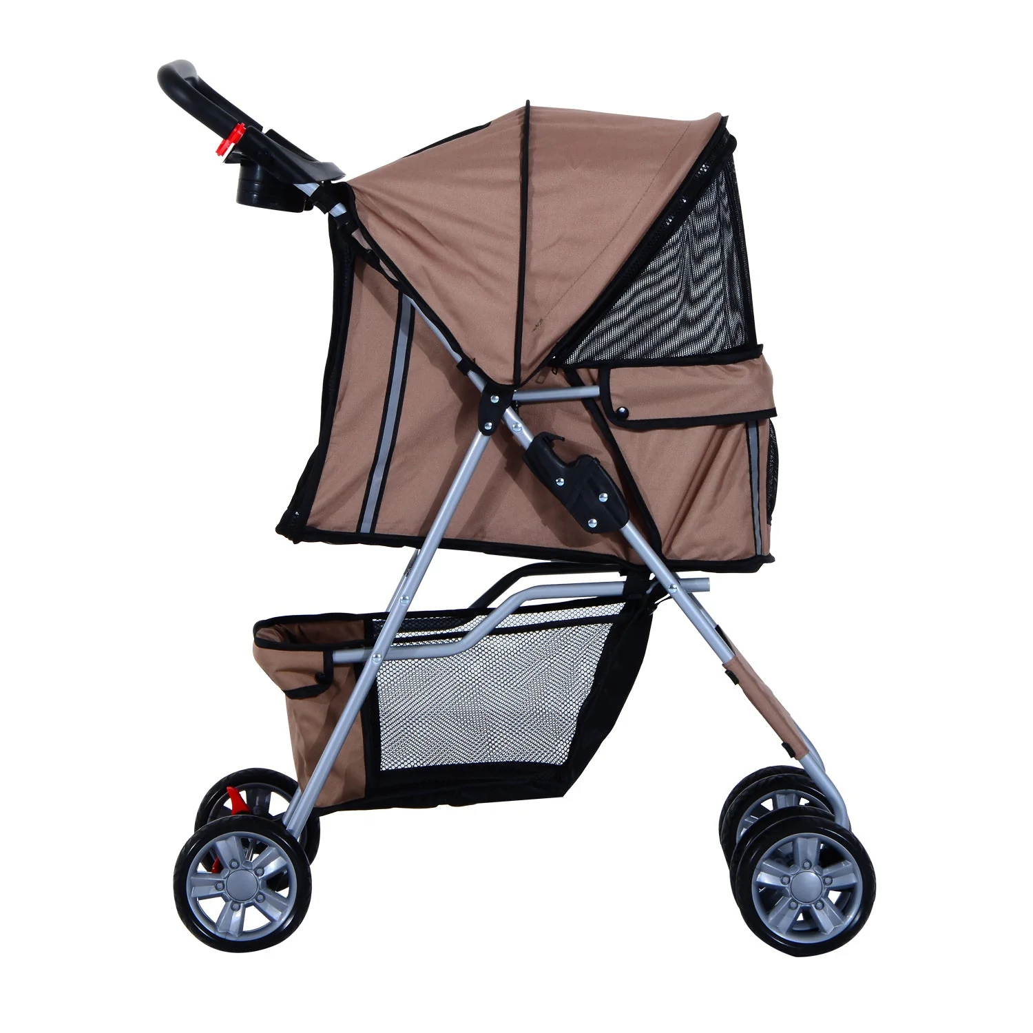 PawHut Oxford Cloth Foldable Dog Stroller Pushchair Pet Trolley w/ Zipper Entry-Brown/Silver - Image 9