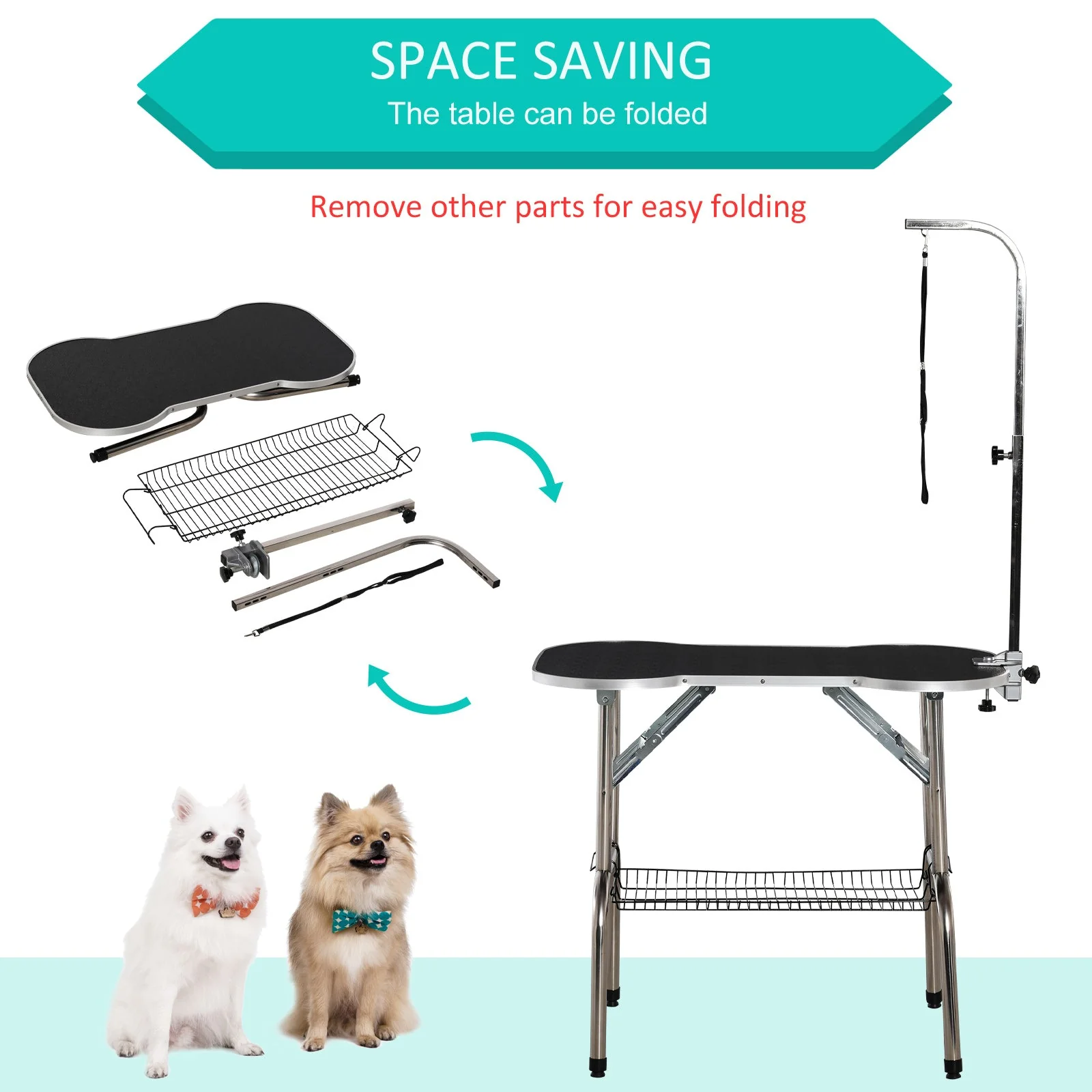 PawHut Pet Foldable Grooming Table w/ Adjustable Arm Non-Slip Tabletop Leash - Image 3