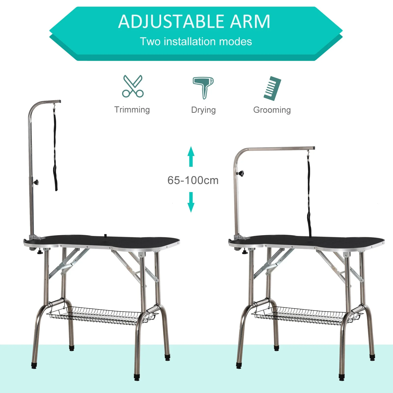 PawHut Pet Foldable Grooming Table w/ Adjustable Arm Non-Slip Tabletop Leash - Image 5