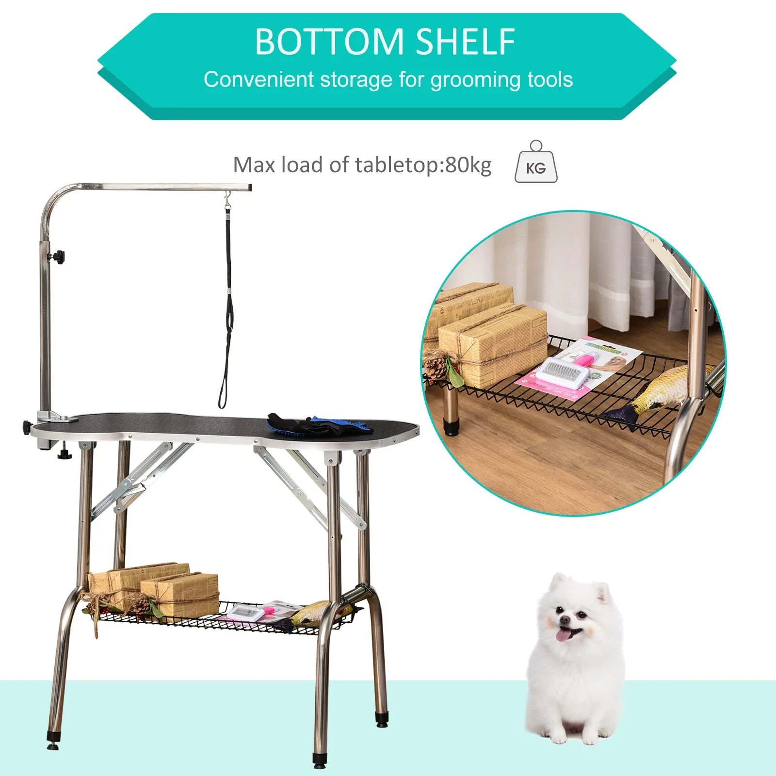 PawHut Pet Foldable Grooming Table w/ Adjustable Arm Non-Slip Tabletop Leash - Image 6