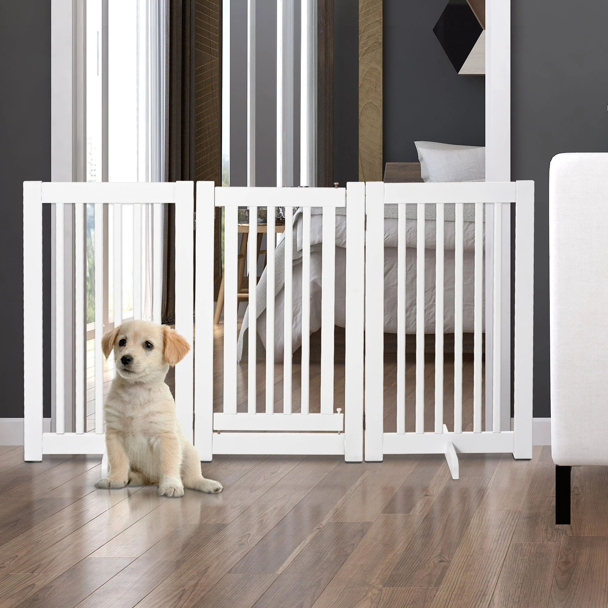 PawHut Pet Gate Medium-density fibreboard Freestanding Expandable Dog Gate Wood Doorway Pet Barrier Fence w/ Latched Door White - Image 6