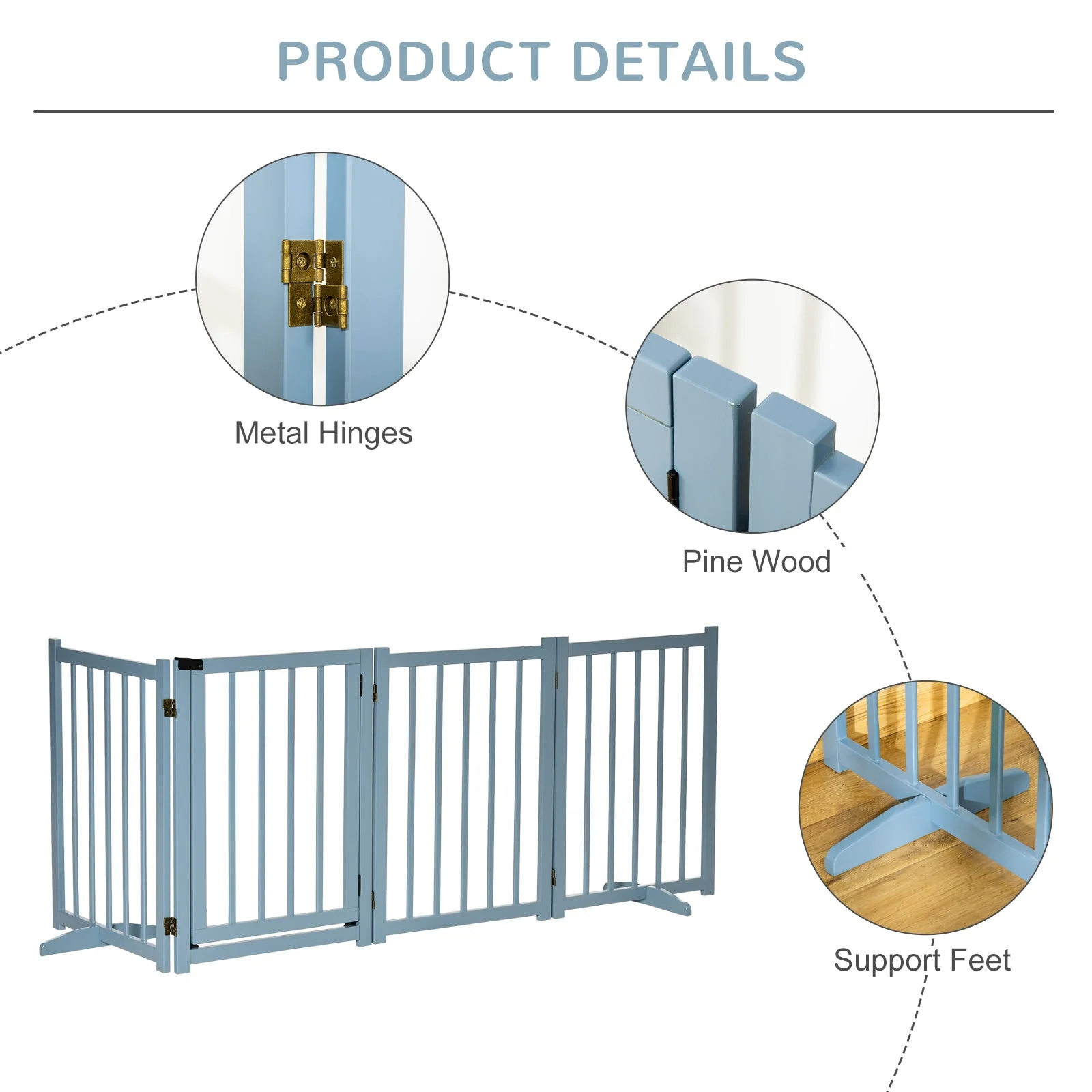 PawHut Pet Gate Wooden Foldable Dog Safety Barrier w/ 4 Panels for Small and Medium Dogs Blue - Image 4