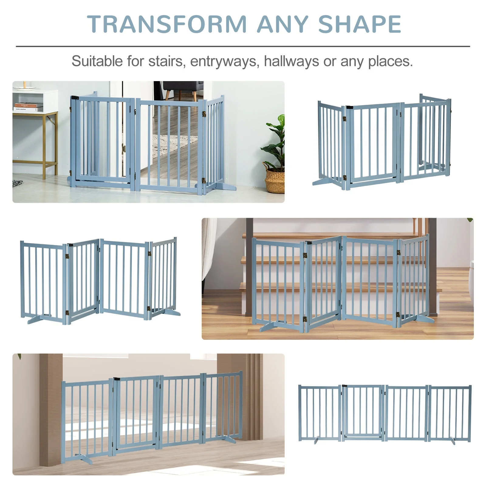 PawHut Pet Gate Wooden Foldable Dog Safety Barrier w/ 4 Panels for Small and Medium Dogs Blue - Image 5